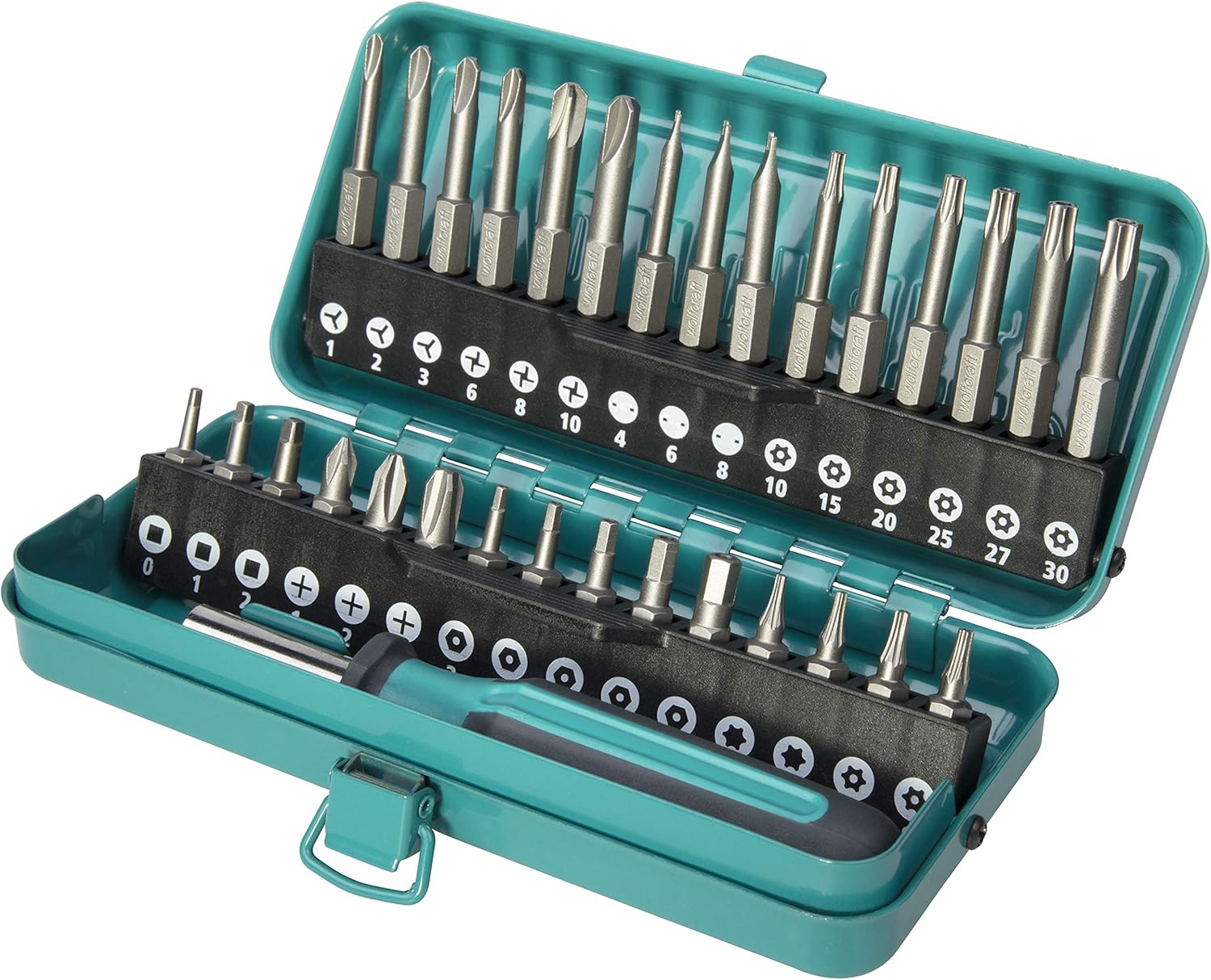wolfcraft Sicherheits-Schraubendreher-Set 31-teilig – 1386000 – Metallkoffer mit 30 massiven Bits 25 & 50 mm – inklusive Handschraubendreher und verschiedenen Bitgrößen