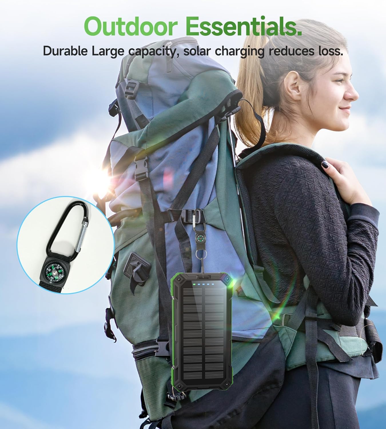 Powerbank 56800 mAh PD30W Solar Powerbank USB C Kabelloses Laden Externes Akkuladegerät mit 4 Kabeln, Schnellladung, 6 Ausgänge, 3 Eingänge, Powerbank Solar Outdoor mit Camping-LED-Lampe, Kompass – Bild 8