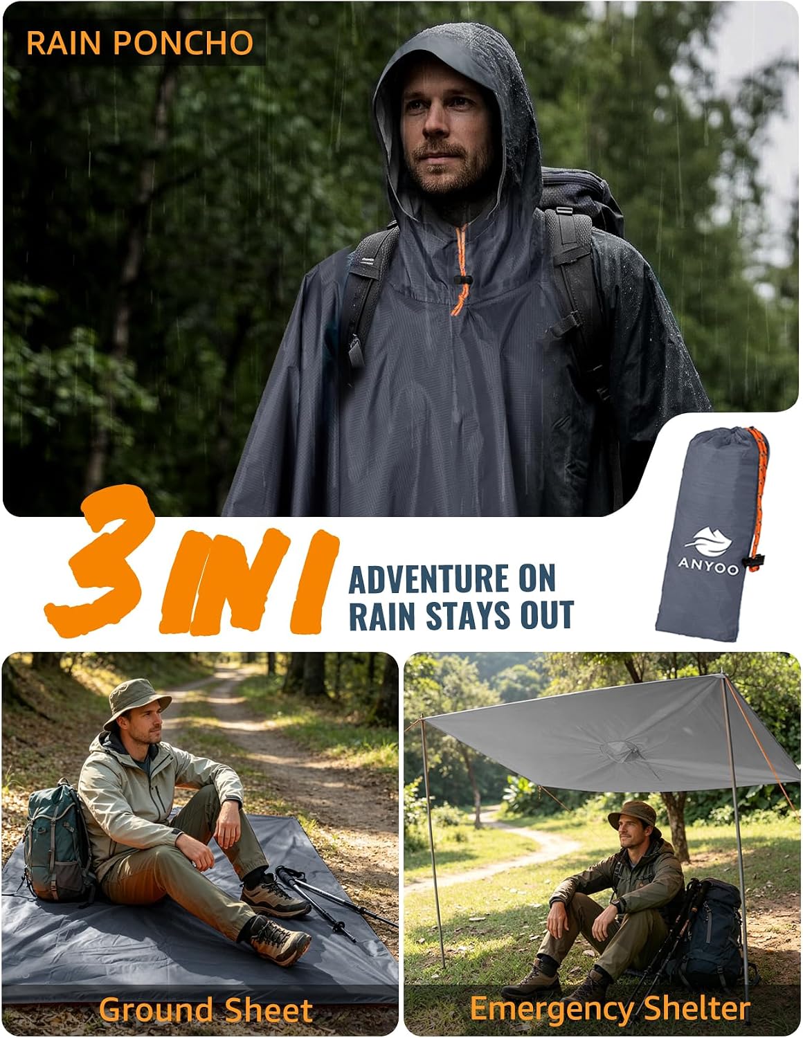 ANYOO Leichte, wasserdichte Regenjacke, wiederverwendbar, Ripstop, atmungsaktiv, Mehrzweck-Regenmantel mit Kapuze, faltbare Schutzdecke, Schutzplane, ideal für draußen, Camping, Wandern, Angeln – Bild 6