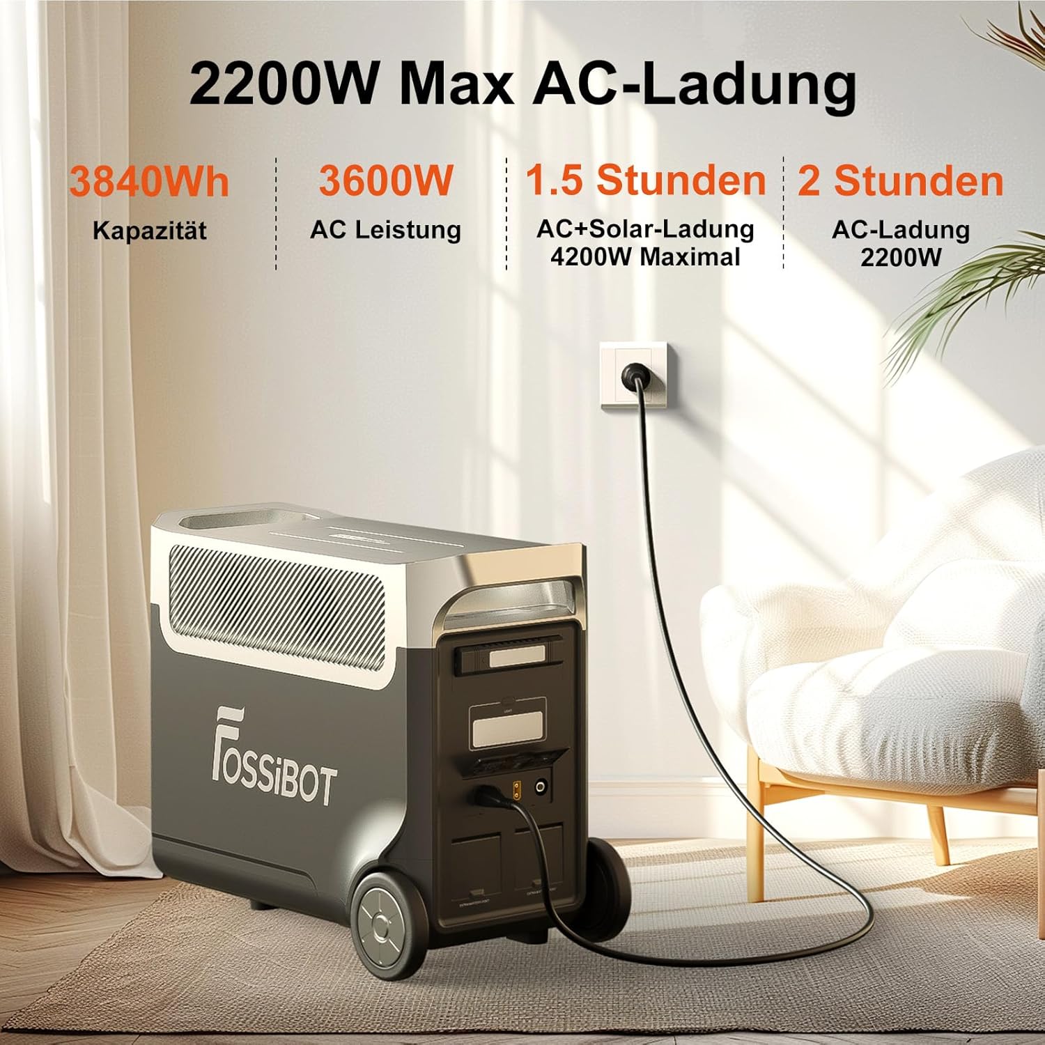 FOSSiBOT F3600 Solargenerator, 3840 Wh LiFePO4 Tragbares Kraftwerk mit USV, 3 x 230 V AC Ausgang 3600 W (7200 W Spitze), Sturmgenerator 2200 W, schnelle Stromspeicherung, Aufladen, Reisen, Outdoor-Camping, Schwarz – Bild 4