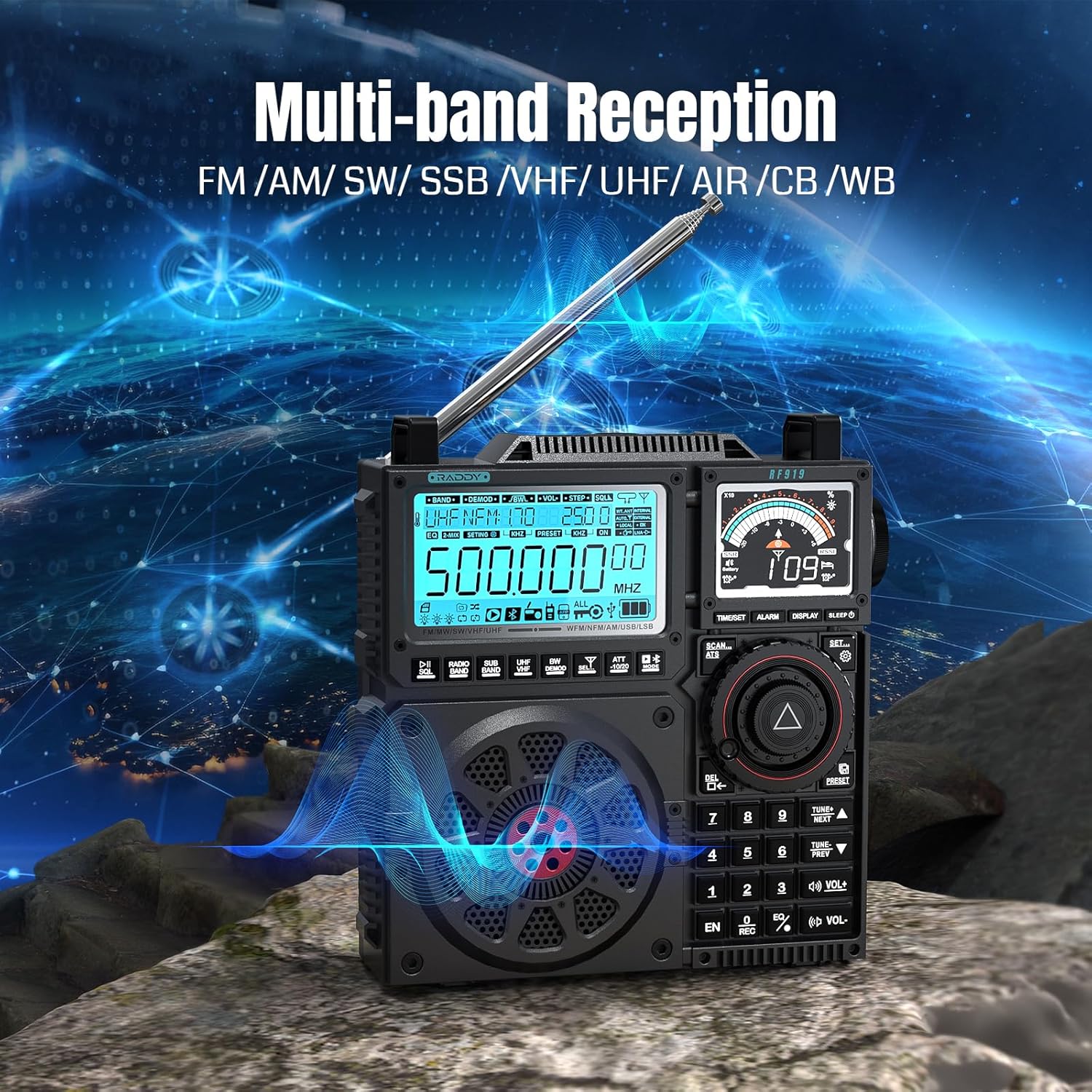 Raddy RF919 SSB-Kurzwellenradio, Vollband-UKW-AM-SW-VHF-UHF-AIR-CB- und SSB-Weltempfänger, mit Antennentuner, 3 externen Antennenanschlüssen, wiederaufladbarem 5000-mAh-Akku, Kopfhöreranschluss | Antennentuner, 3 externe Antennenanschlüsse, 5000-mAh-Akku, AIR/CB/UHF – Bild 2