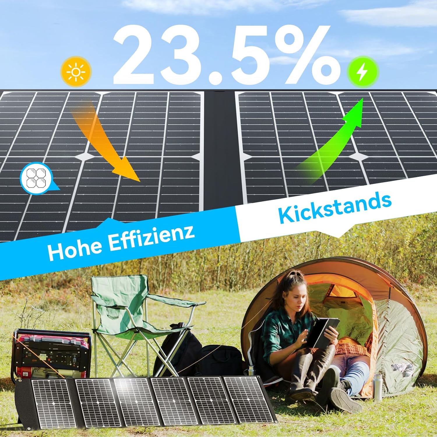 Solarpanel faltbar 100 W Schnellladung mit USB-A QC3.0 USB-C PD3.0 DC 20 V | Solarmodul 100W Tragbares Leichtgewicht mit Kickstand Camping kompatibel Power Station Solargeneratoren Handys Power Bank – Bild 5
