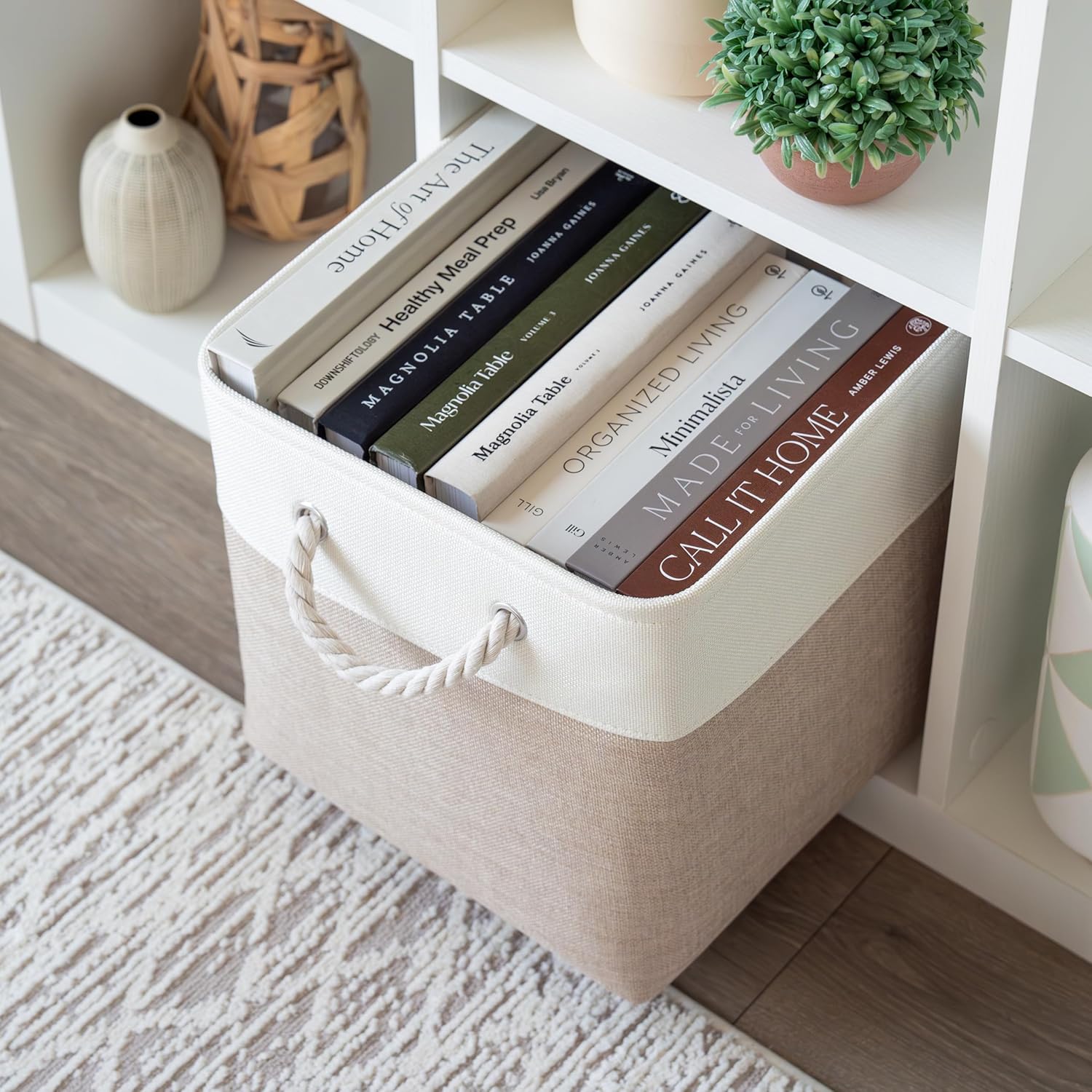 OrganiHaus Aufbewahrungsbox, 30 x 30 cm, 3er-Set, Würfelkörbe aus Stoff mit Seilgriffen, faltbare Aufbewahrungswürfel für Kallax-Organizer, Aufbewahrungskörbe für Kinderzimmer, Beige/Weiß – Bild 4