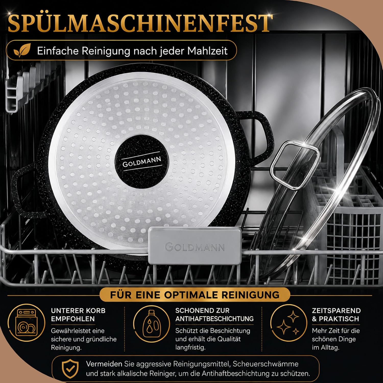 GOLDMANN Stielkasserolle aus Aluminiumguss, 24 cm – 4,5 l, antihaftbeschichteter Glasdeckel aus Keramik in Marmoroptik, Induktion, für alle Herdarten geeignet, ofenfest und PFOA-frei – Bild 10