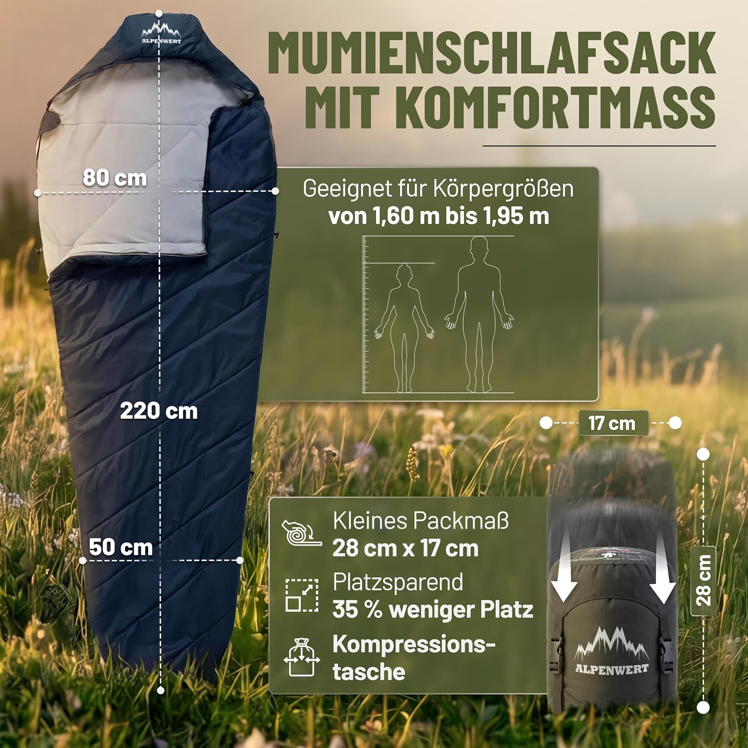 ALPENWERT® Schlafsack Sommer Ultraleicht & Klein (15 x 27 cm Packmaß) – Wasserabweisend, YKK-Reißverschluss, Kältebrücke & Einklemmschutz – Perfekt für Camping & Festival – Bild 3
