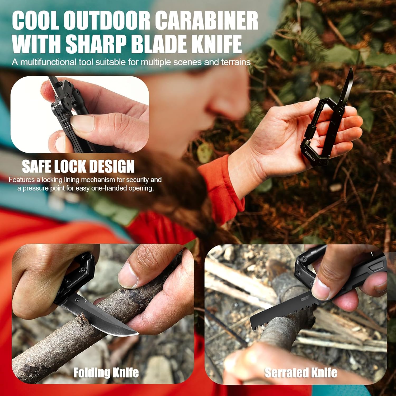 8en1 Karabiner-Multitool mit Taschenmesser, Säge, Seilschneider, Schraubendreher, Dosen, Flaschenöffner, Lineal, Klappmesser, Geschenke für Männer, Camping-Zubehör, Wandern (schwarz) – Bild 5