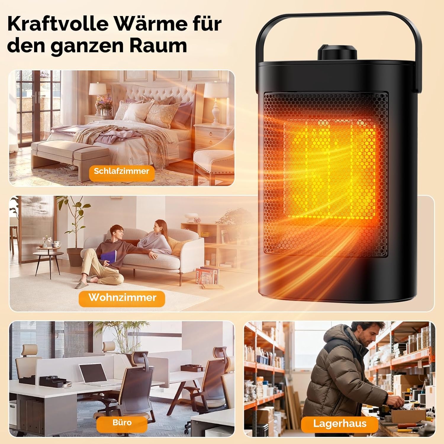 Heizlüfter, energiesparend, 1500 W, PTC-Keramik-Heizung, elektrisch, 3-Stufen-Modus, Überhitzung & Kippschutz, tragbare elektrische Heizung für Räume, Schlafzimmer, Büros (energiesparend) – Bild 6