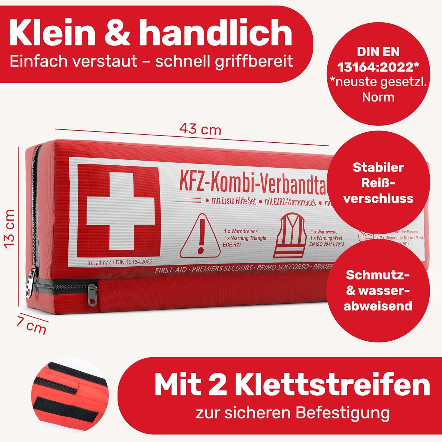 PKW Kombitasche (3 in 1) nach aktueller Norm 2026 - inkl. Warndreieck, Warnweste - Verbandskasten Warndreieck Set Verbandskasten KFZ DIN 13164:2022 (StVO konform) – Bild 5