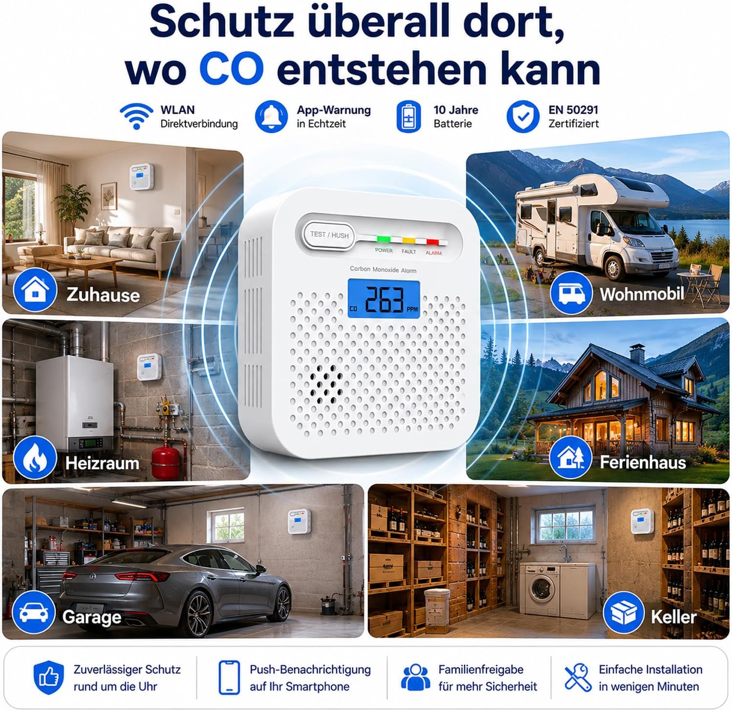 WLAN Kohlenmonoxid-Melder mit App, CO-Melder ohne Hub, Echtzeit-Benachrichtigung auf dem Handy, 10 Jahre Batterie, EN 50291 geprüft, LCD-Display, 85 dB Alarm, Kohlenmonoxid-Warnalarm für Zuhause, 1 Stück – Bild 4