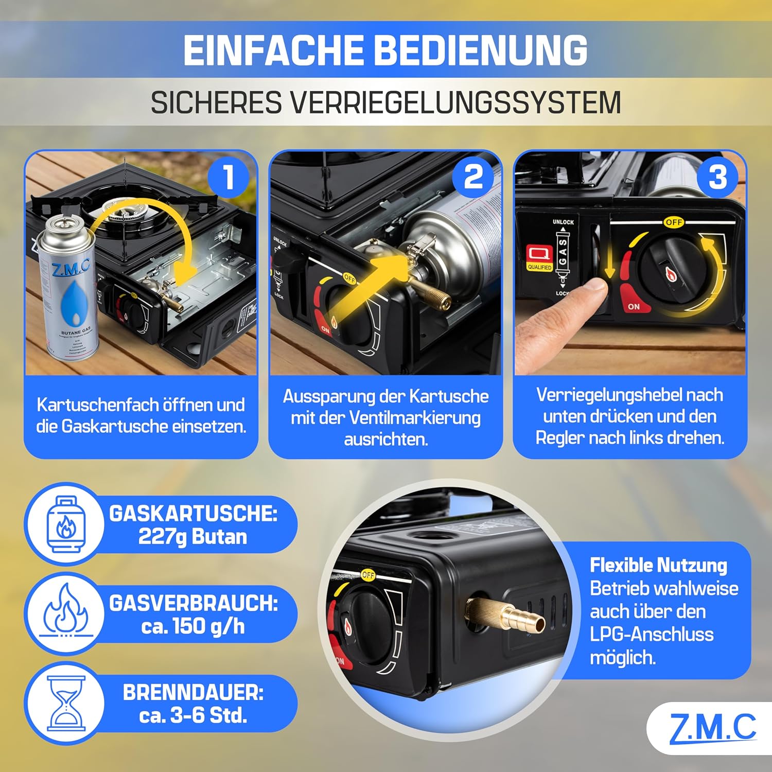 ZMC Gaskocher 1-flammig 2,2 kW Campingkocher mit Piezo-Zündung, Transportkoffer & LPG-Adapter optional mit Gaskartuschen 227 g & Grillplatte für Camping, Outdoor & Notfall – Bild 3