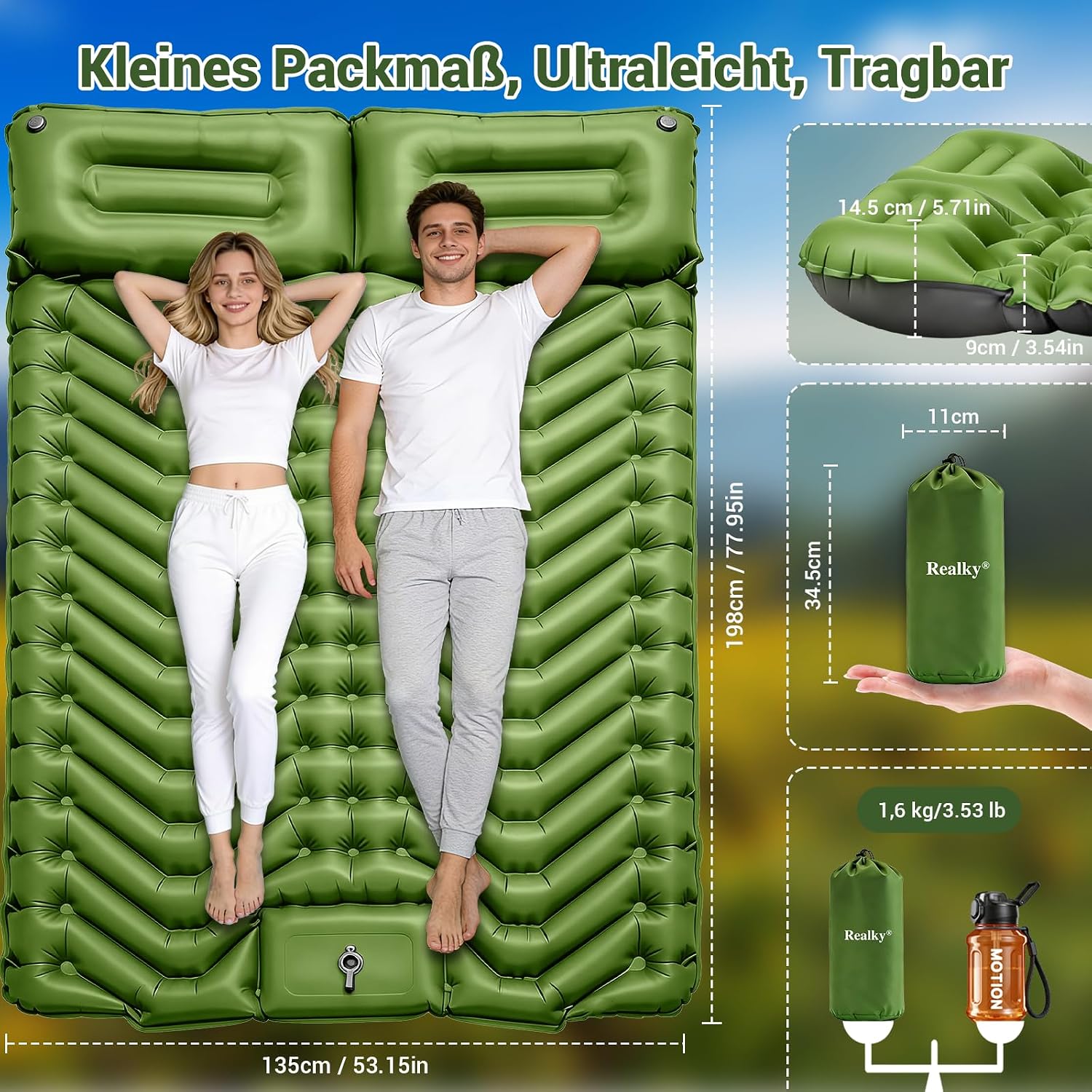 Isomatte, Camping-Luftmatratze, aufblasbare Matratze, für 2 Personen, ultraleicht, kompakt, dick, aufblasbare Isomatte, Strandmatte, Outdoor mit Fußpumpenkissen, wasserdichte Doppel-Isomatte – Bild 2