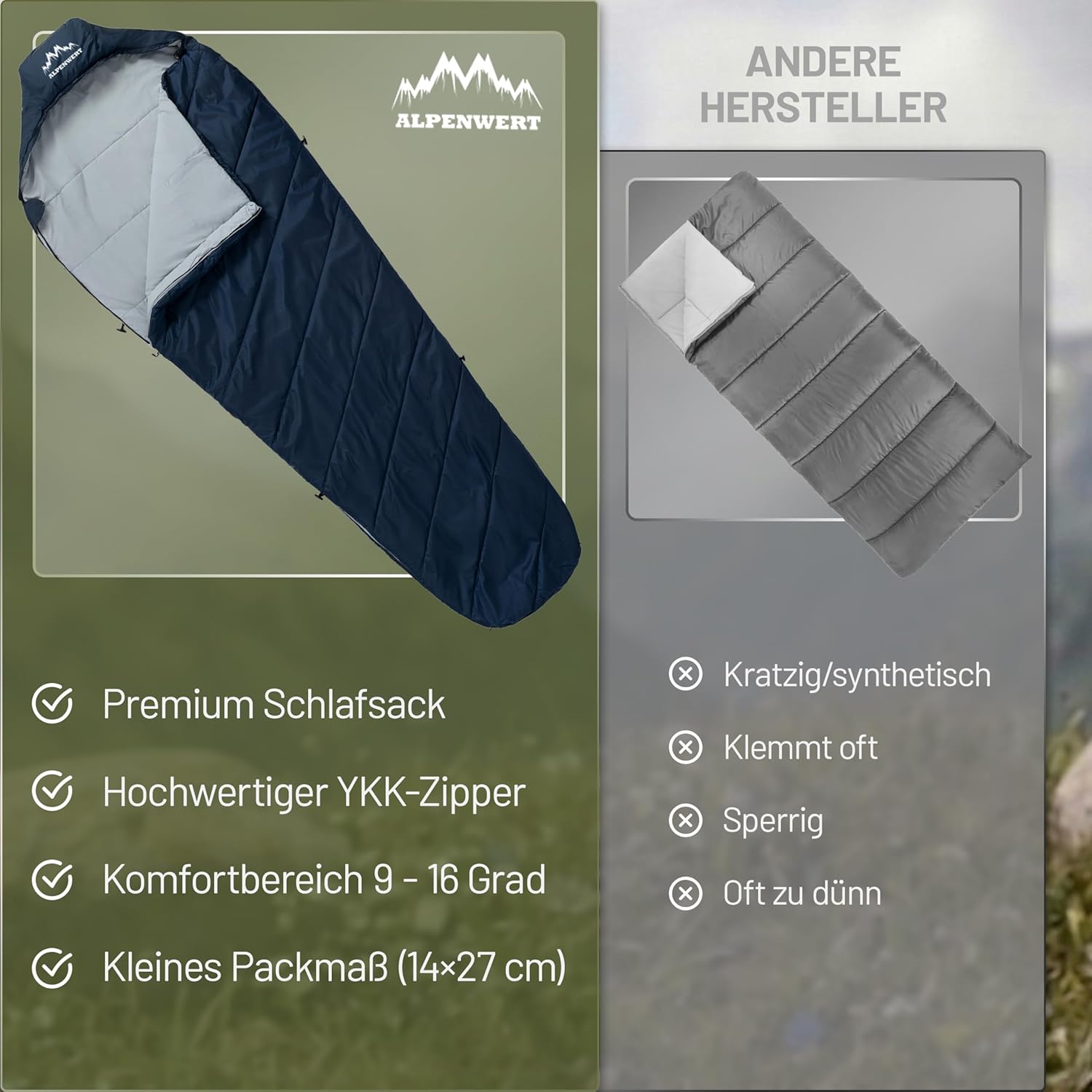 ALPENWERT® Schlafsack Sommer Ultraleicht & Klein (15 x 27 cm Packmaß) – Wasserabweisend, YKK-Reißverschluss, Kältebrücke & Einklemmschutz – Perfekt für Camping & Festival – Bild 6