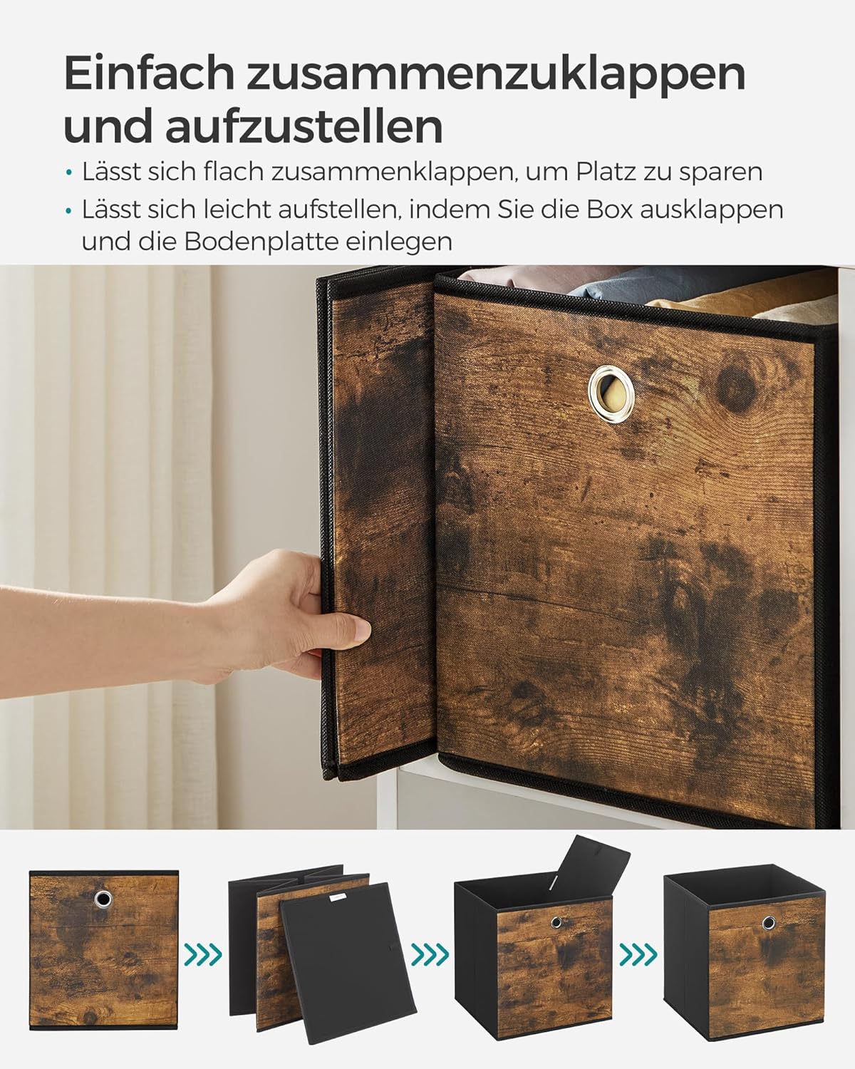 SONGMICS Aufbewahrungsboxen, 6er-Set, Oxford-Stoff, Faltbox, 33 x 33 x 33 cm, Stoffbox, für Würfelregal, Organizer für Kleidung, Vintage Braun/Schwarz, RFB133B01 | Fit Cube faltbare Aufbewahrungseinheit, 33 x 33 x 33 cm, Rustikales Braun und Schwarz, RFB133B01 – Bild 8