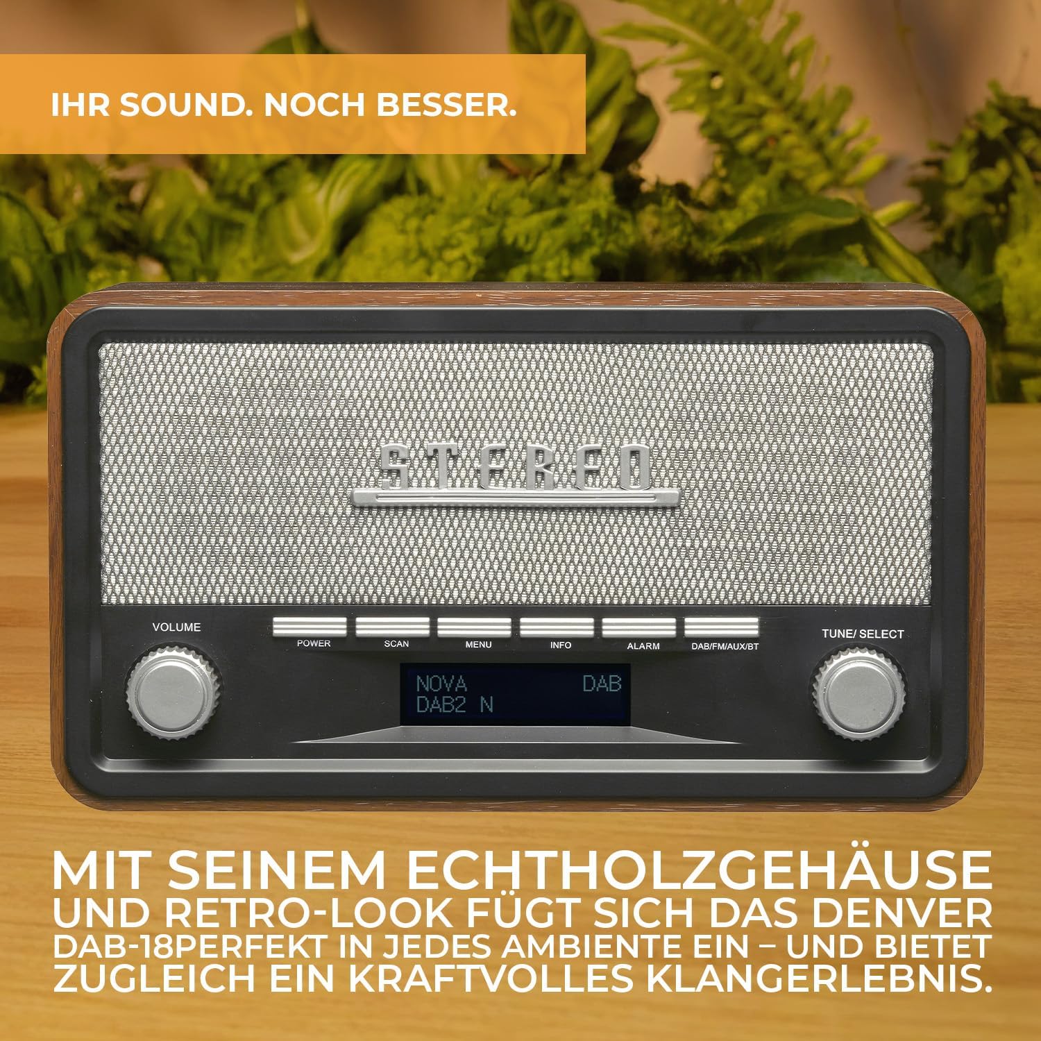 Denver DAB-18 DAB+ Digitales Retroradio | DAB Plus & FM & Bluetooth, 2 x 20 W Stereolautsprecher, LCD-Display, Alarmfunktion, Netzstecker – Bild 6