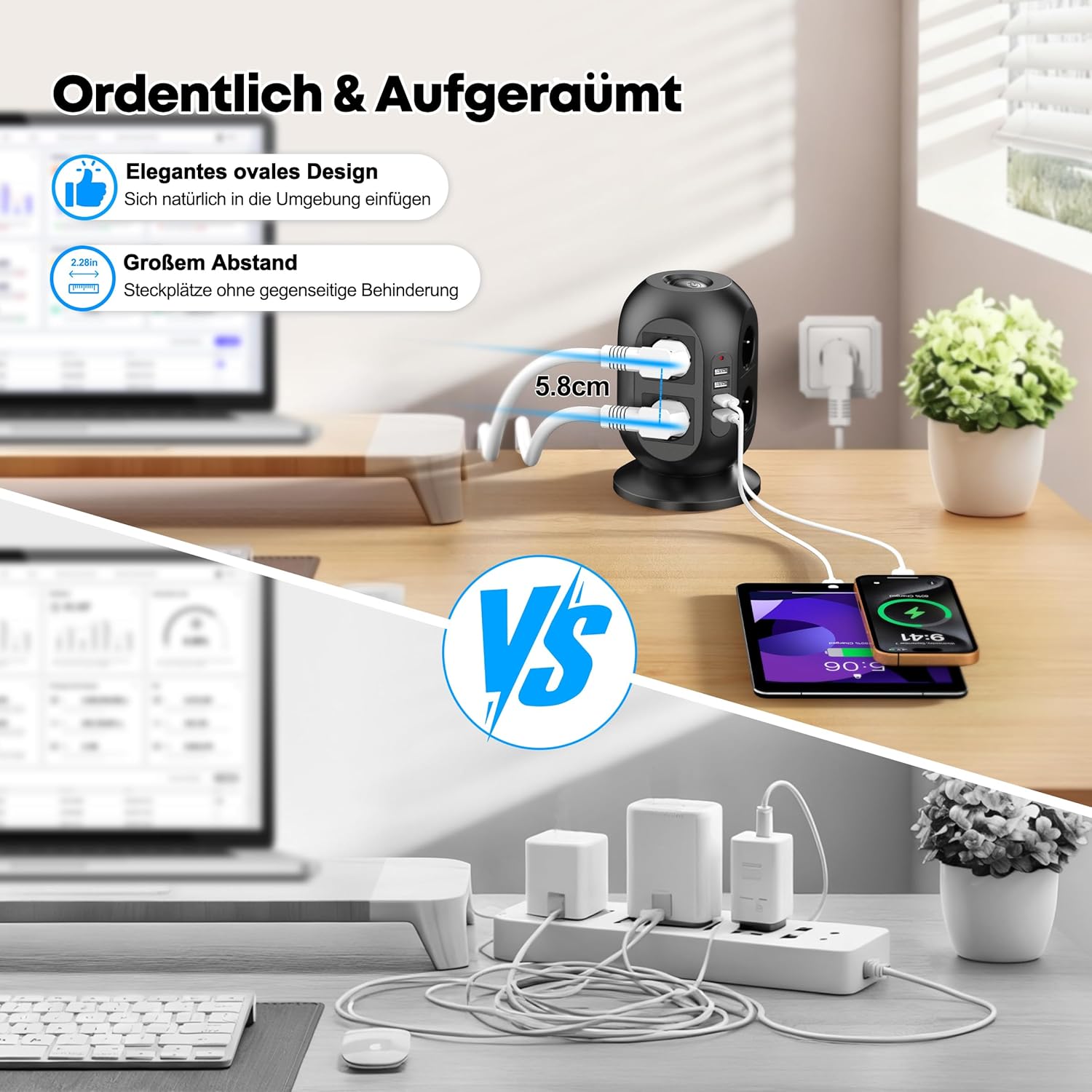 Steckdosenleiste mit USB und Überspannungsschutz (8-fach Mehrfachsteckdose mit Schalter, 2 m Kabel), Mehrfachsteckdosenwürfel für Haushalt und Büro – Bild 6