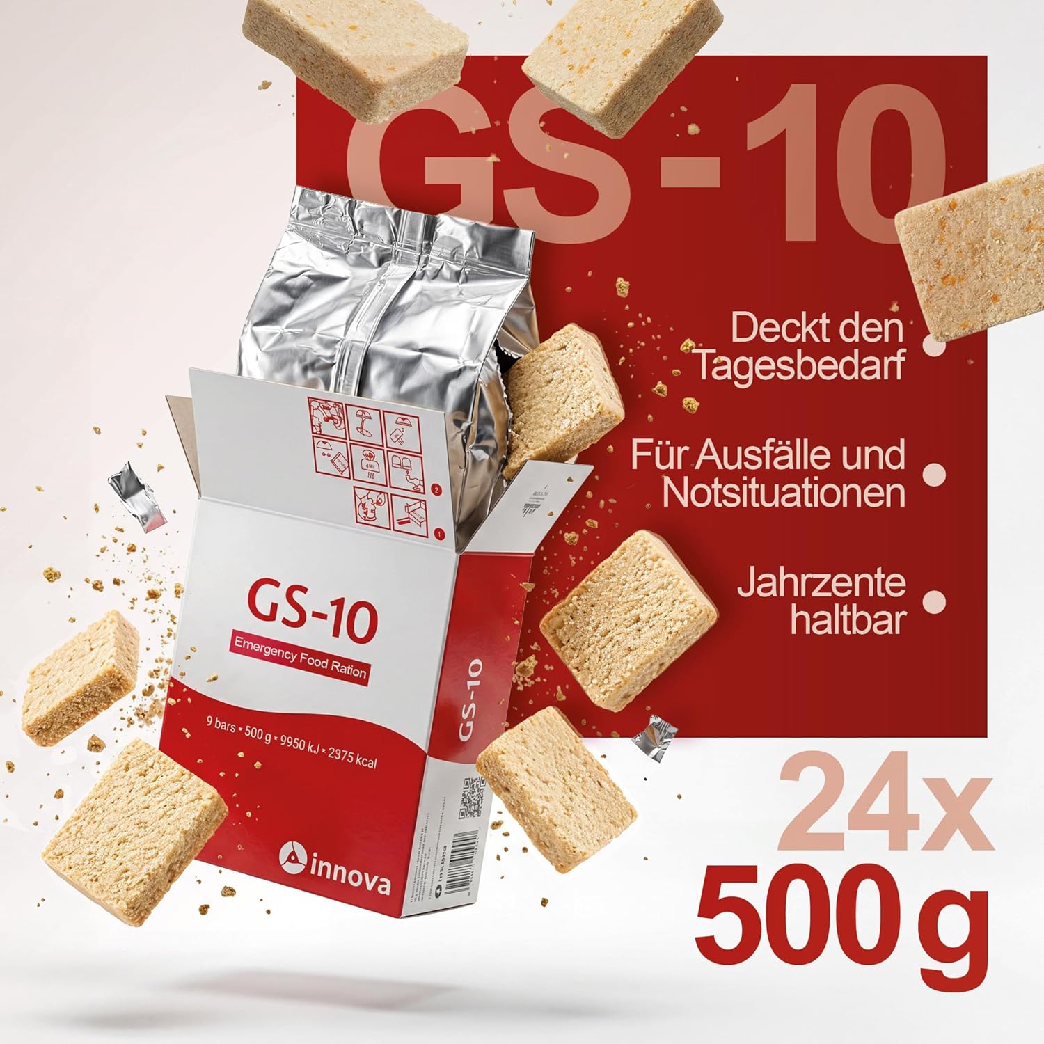 Notfall-Vorratspaket für Lebensmittel: 48 x 500 g (insgesamt 24 kg) – GS-10 & Seven Oceans Mix – Hochkalorische Notfallration für Krisenprävention, Outdoor und Camping – 2 Boxen mit 24 Rationen – Bild 3