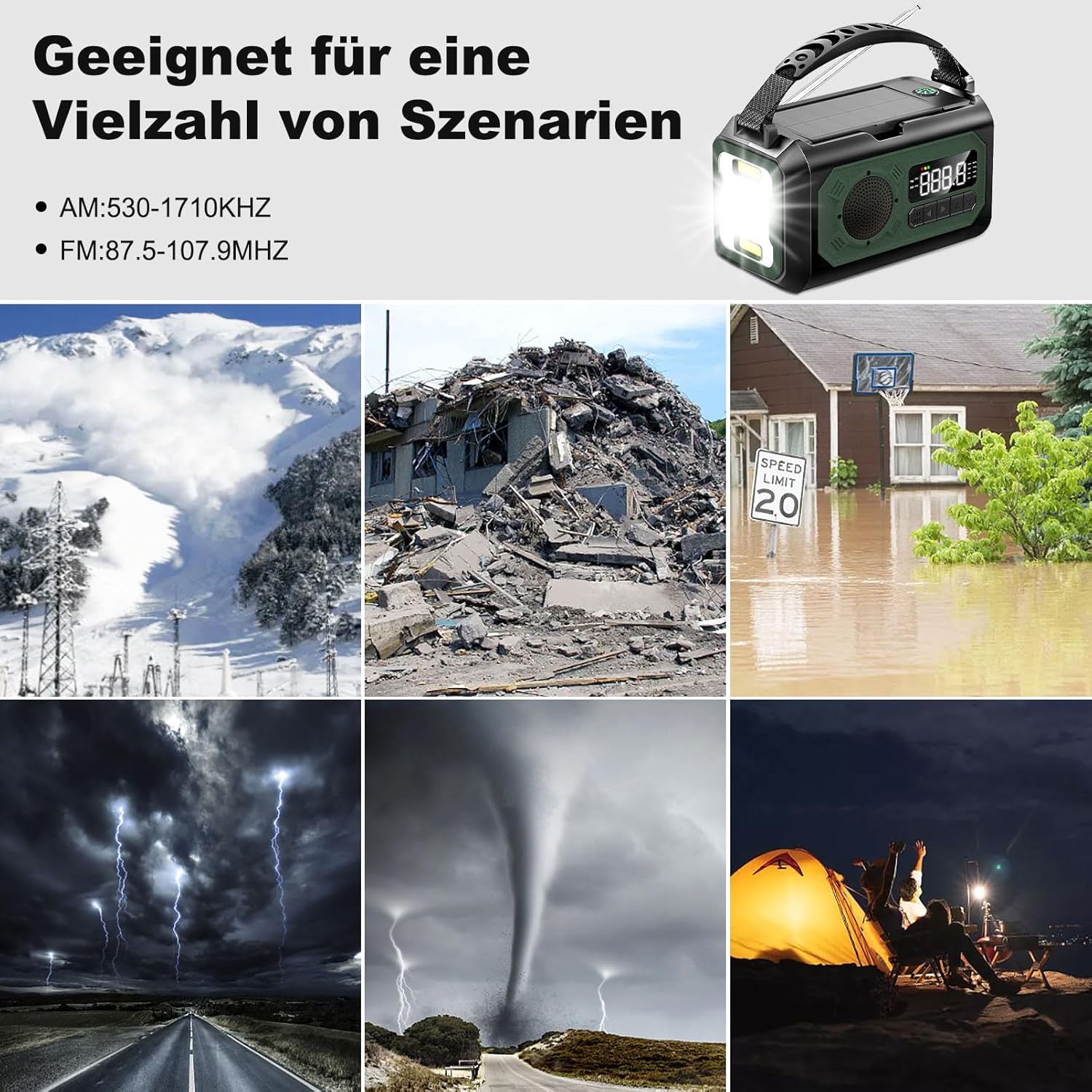 12000 mAh Kurbelradio mit Handy-Ladefunktion, Solar, 2 Solarpanels, AM/FM-Radio-Kurbel-Notfall, 3 Lademethoden, 7-in-1 tragbares Notfallradio, SOS, Taschenlampe, Kopfhöreranschluss, Kompass, Leselampe – Bild 6