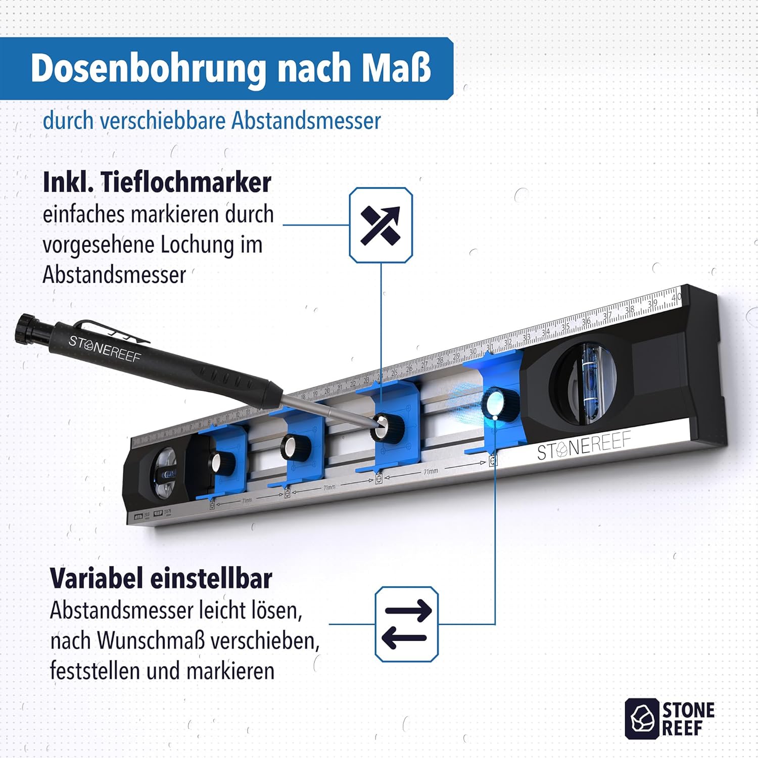 Elektriker-Wasserwaage 40 cm – Präzisions-Wasserwaage für Heimwerker mit verschiebbaren Bohrlöchern und Messskalen – ideal für Steckdoseninstallation und Renovierungsarbeiten – Bild 6