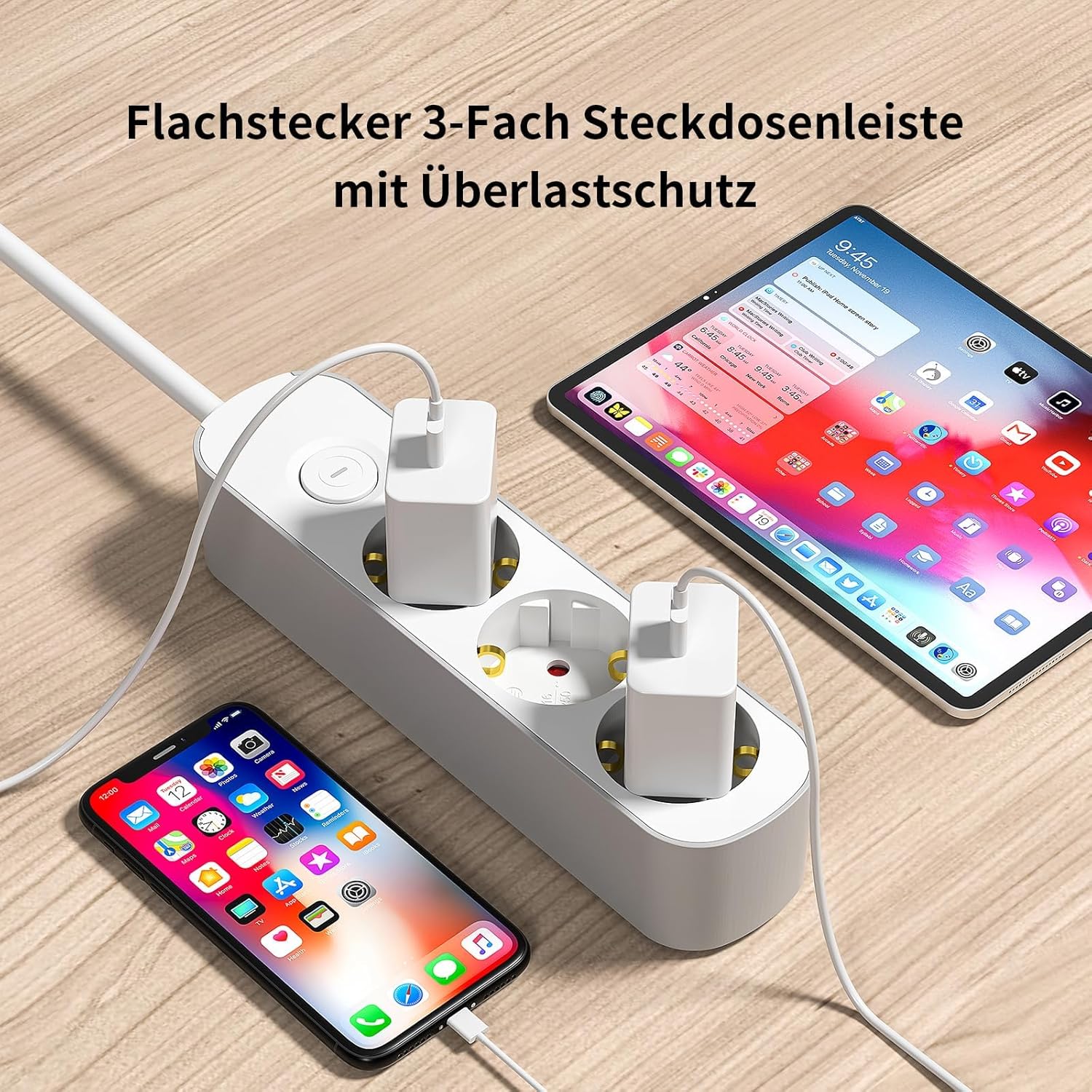 3-fach Steckdosenleiste, Mehrfachsteckdose mit Schalter 3m, Flachsteckdose mit Kindersicherung, 3-fach Steckdosenleiste für Haushaltsgeräte, Computer, Handy laden, Büro, Schlafzimmer, Familie – Bild 2