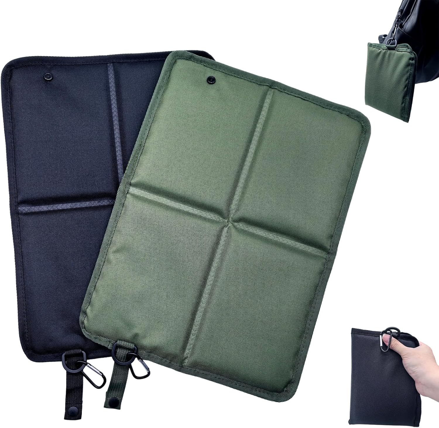 2er-Set faltbare Outdoor-Sitzkissen, wasserdicht & wärmeisolierend, ultraleicht (93 g) mit Karabiner, faltbare Sitzauflage für Wandern, Camping, Picknick, Festival, Olivgrün & Schwarz