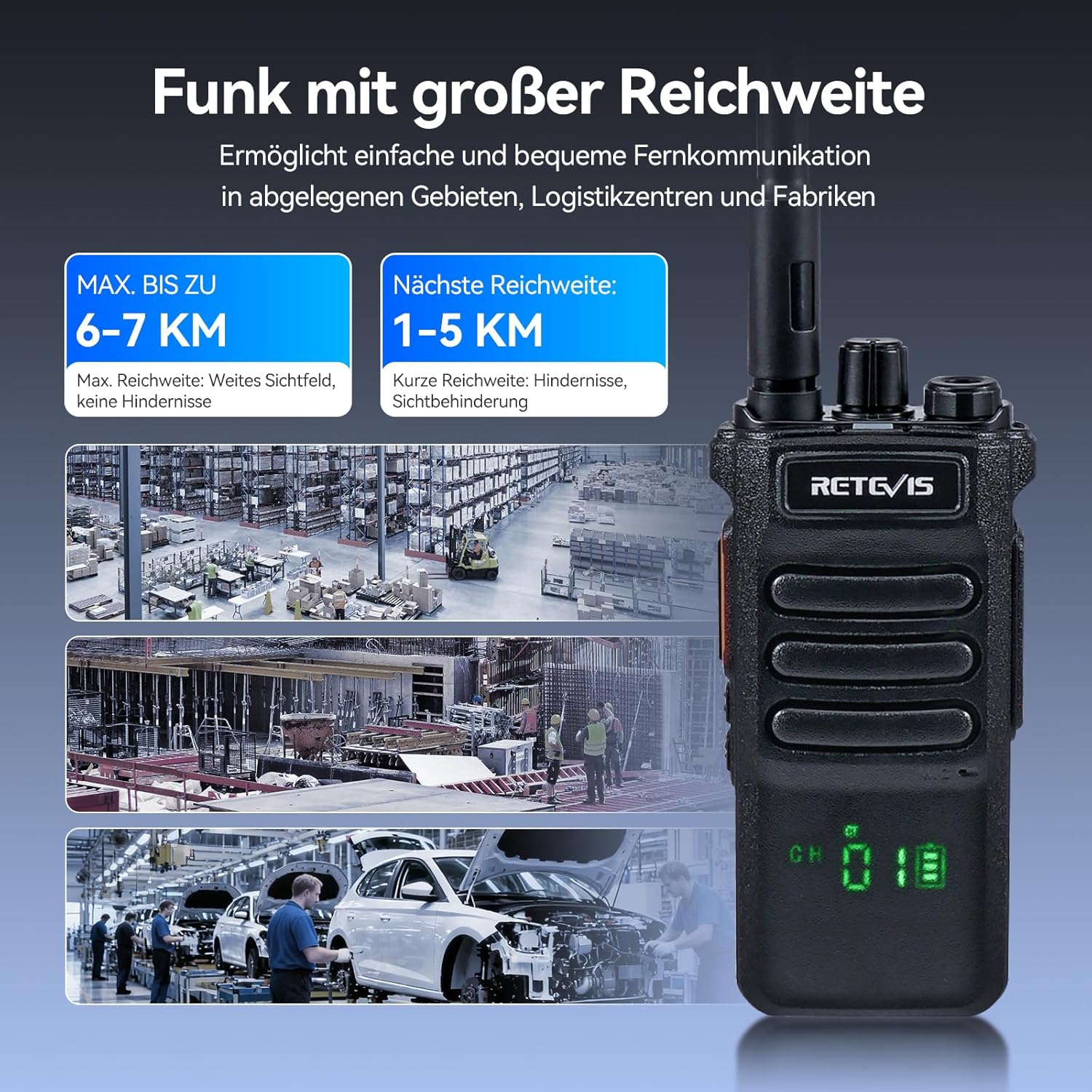 Retevis RT86 Langstreckenfunkgerät, Hochleistungs-Walkie-Talkie mit Lautsprechermikrofon, 2600 mAh tragbares Funkgerät, kabelloses Klon-Notfallfunkgerät für die Fertigung (Schwarz, 2 Stück) – Bild 5