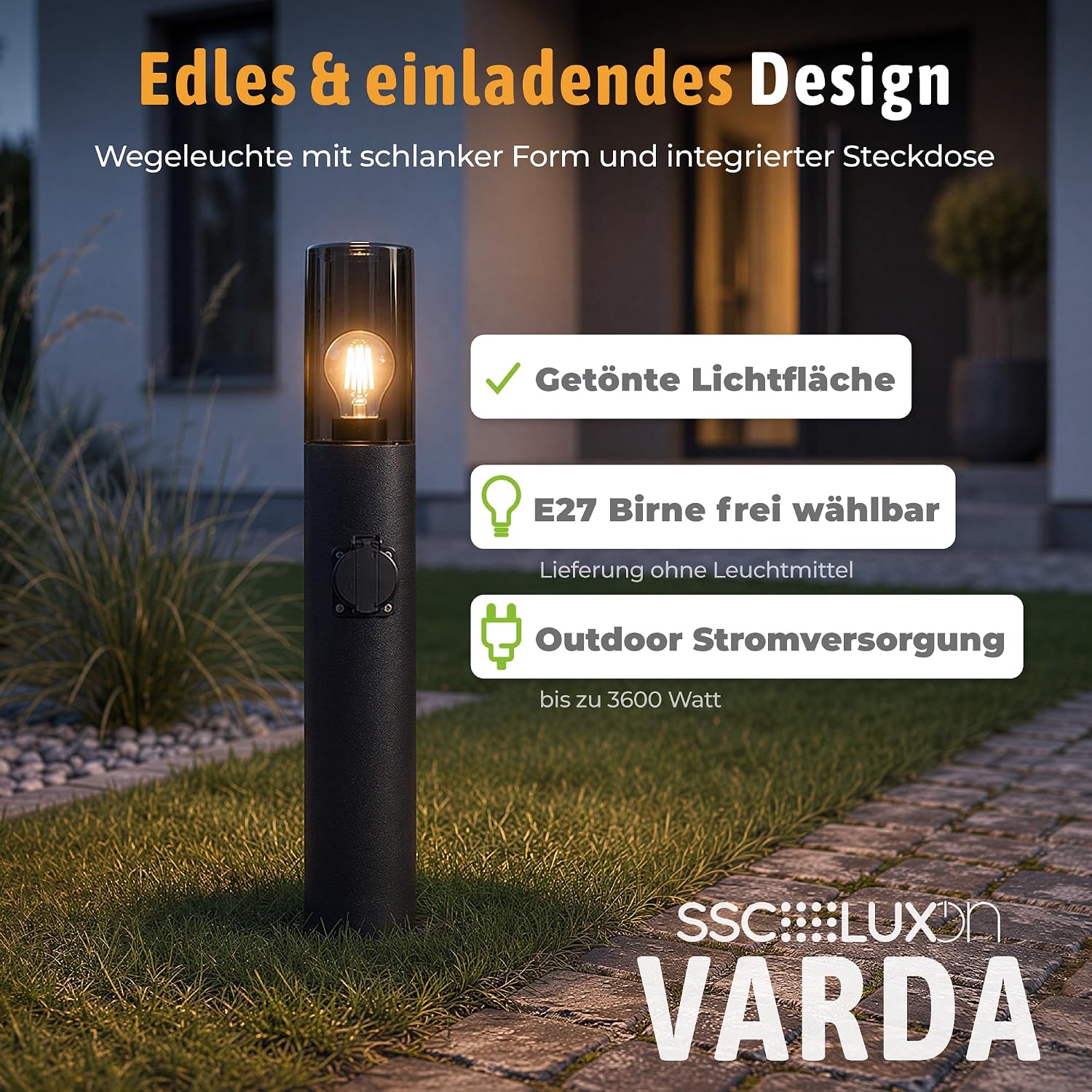 SSC-LUXon Außen-Wegeleuchte VARDA mit Fassung E27 Stehleuchte Schwarz Höhe 50 cm - Außenleuchte Stehlampe mit Stromanschluss 230 V – Bild 2
