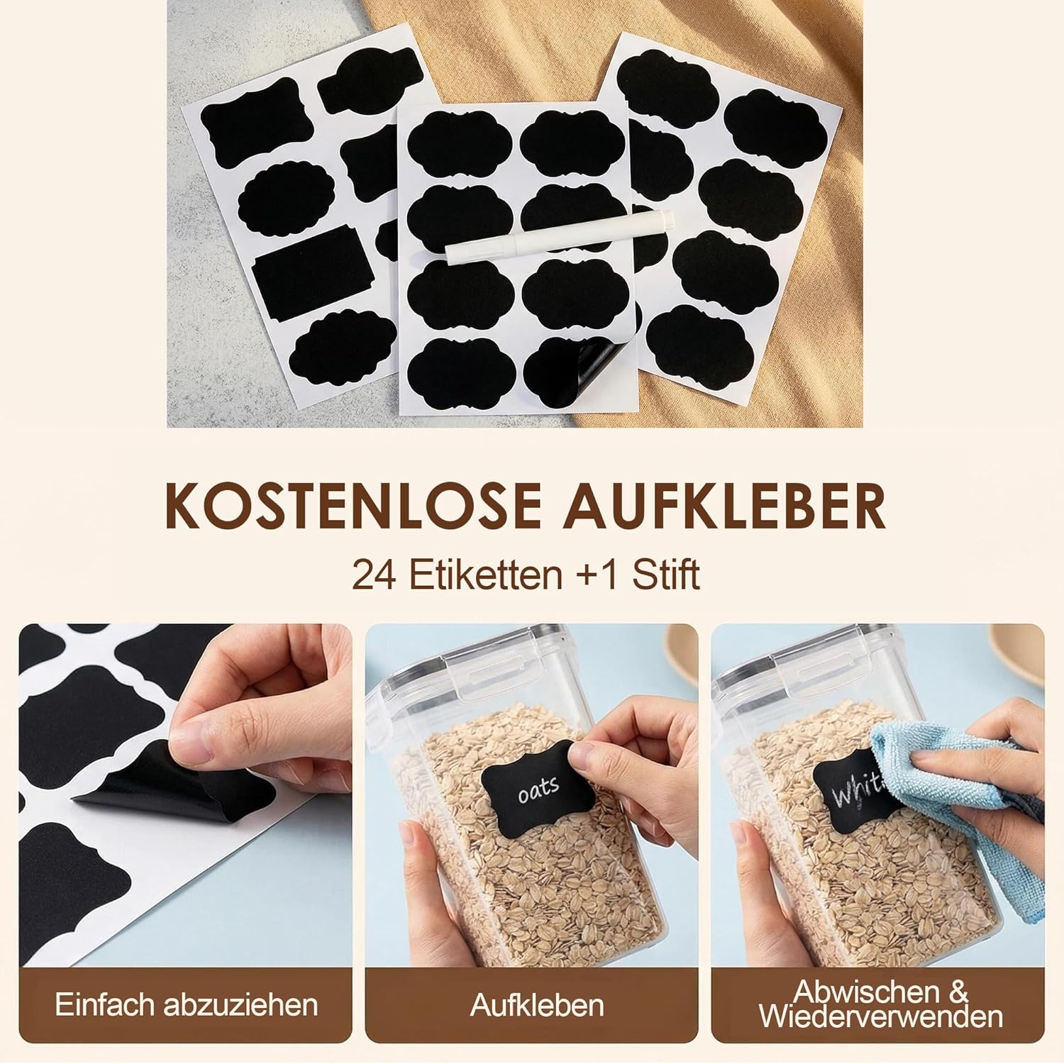 Vtopmart Vorratsbehälter-Set 2 L, für Müsli und frische Lebensmittel, BPA-freier Kunststoff, luftdicht, Trockenfutterbehälter-Set mit 9 Stück, 24 Etiketten für Müsli, Mehl, Zucker usw. (Schwarz) – Bild 5