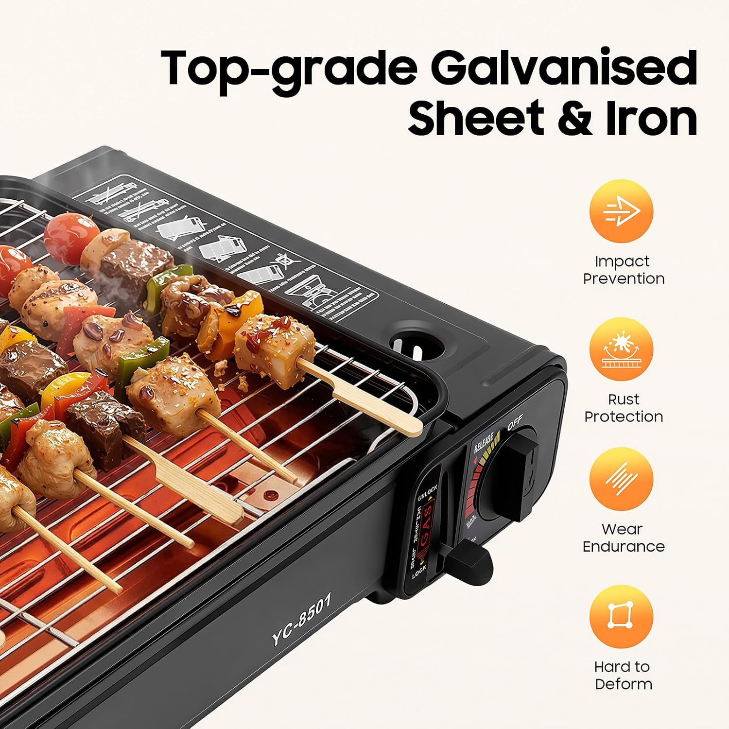 Camping-Gasgrill, 2200 W tragbares Grillset, Tischgrill mit 6 Bratnadeln, 2 Grillnetzen und Koffer, Campingkocher mit Piezo-Zündung und abnehmbarer Tropfschale, für Campingausflüge, Versammlungen – Bild 5