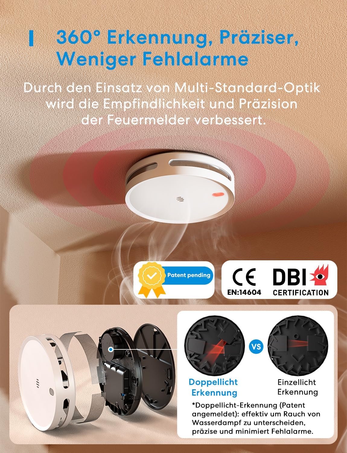 Meross WLAN Rauchmelder vernetzt mit App-Warnmeldung, Smarter Feuermelder mit Dual-Lichtsensor, Feuermelder mit 0,8 mm Insektennetz, 33 mm, Hub erforderlich, 1 Stück – Bild 2