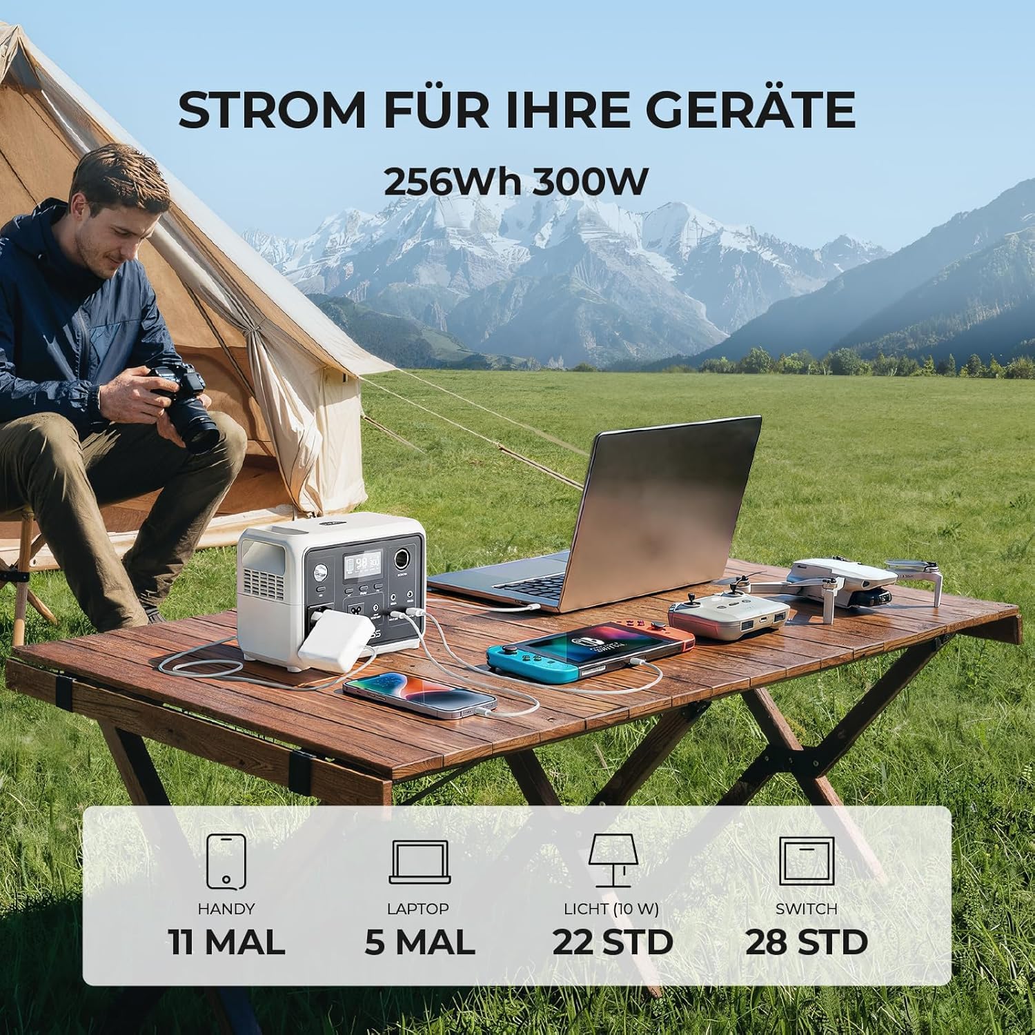 Dyness 300W Tragbares Kraftwerk, LiFePO4-Akku Tragbares Kraftwerk 256Wh AC-Steckdose Solargenerator mit 6 Ausgängen & 4 Lademöglichkeiten, Notstrom für Camping, Wohnmobil, Reisen – Bild 4