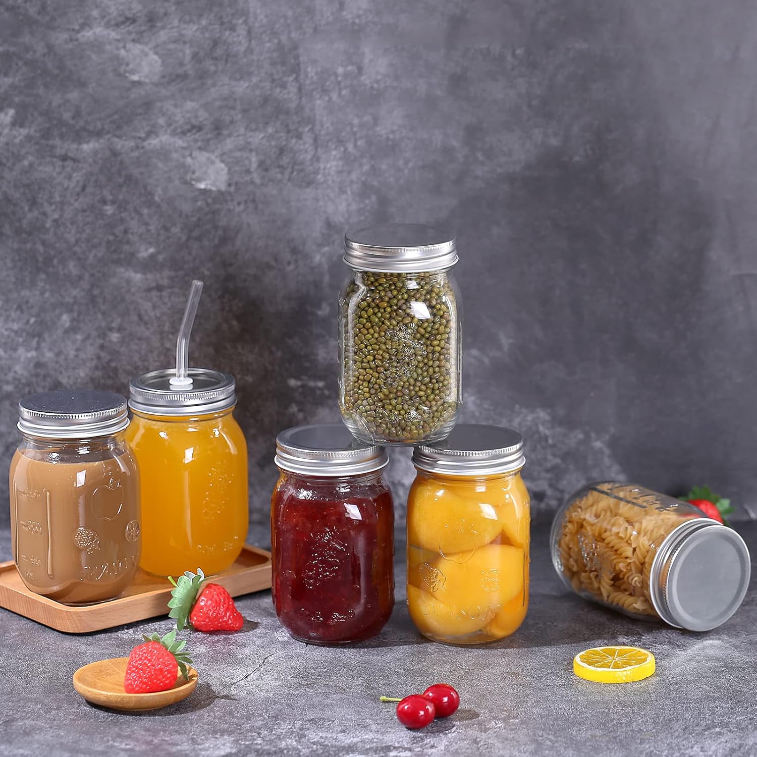 Einmachgläser mit Deckel, 6 Stück, Einmachgläser 450 ml/16 oz, aus klarem Glas, Abfüllgläser mit Schraubdeckel, perfekt für selbstgemachte Marmelade, Gelee, Reis, Zucker oder Nudeln, mit Ersatzdeckel – Bild 5