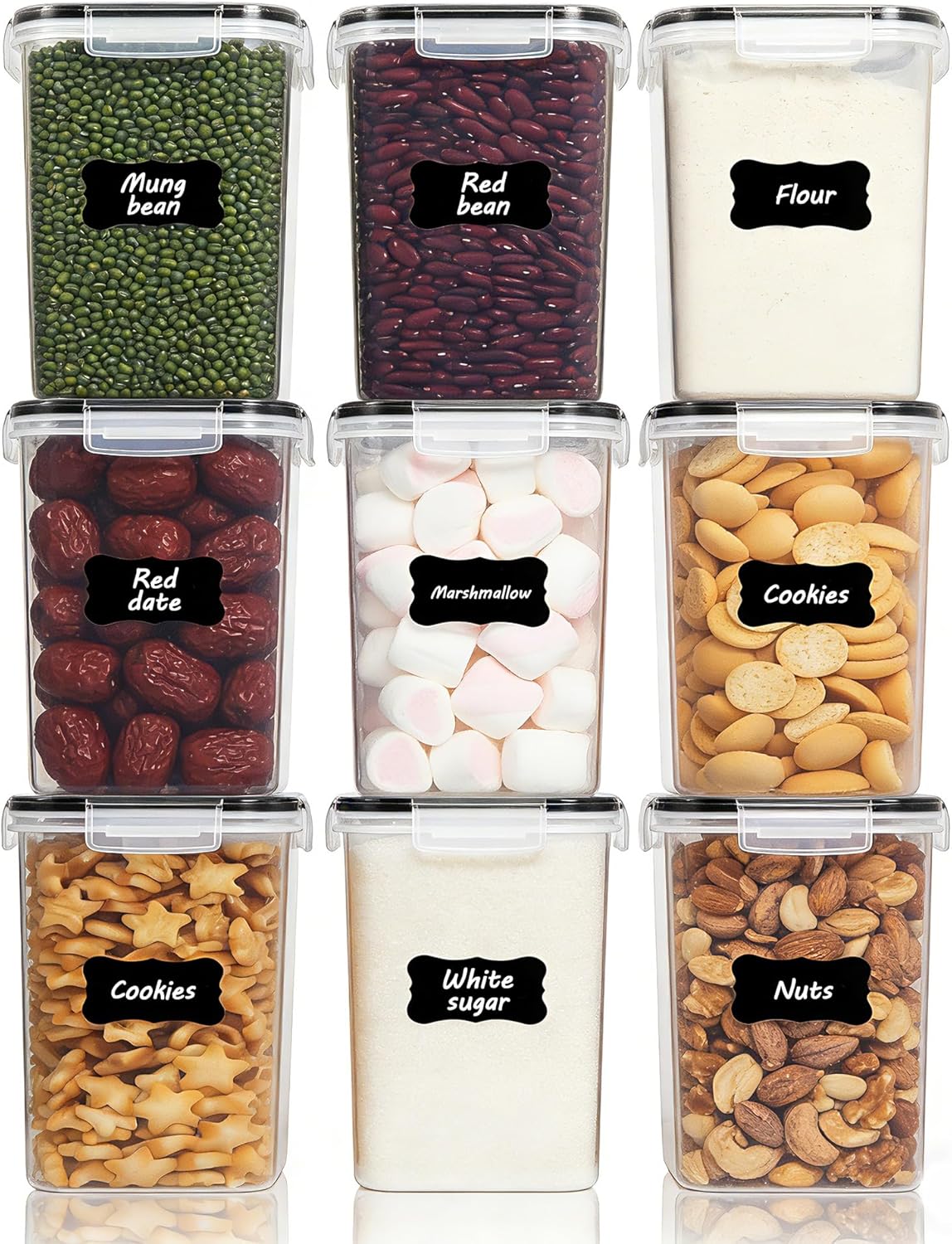 Vtopmart Vorratsbehälter-Set 2 L, für Müsli und frische Lebensmittel, BPA-freier Kunststoff, luftdicht, Trockenfutterbehälter-Set mit 9 Stück, 24 Etiketten für Müsli, Mehl, Zucker usw. (Schwarz)
