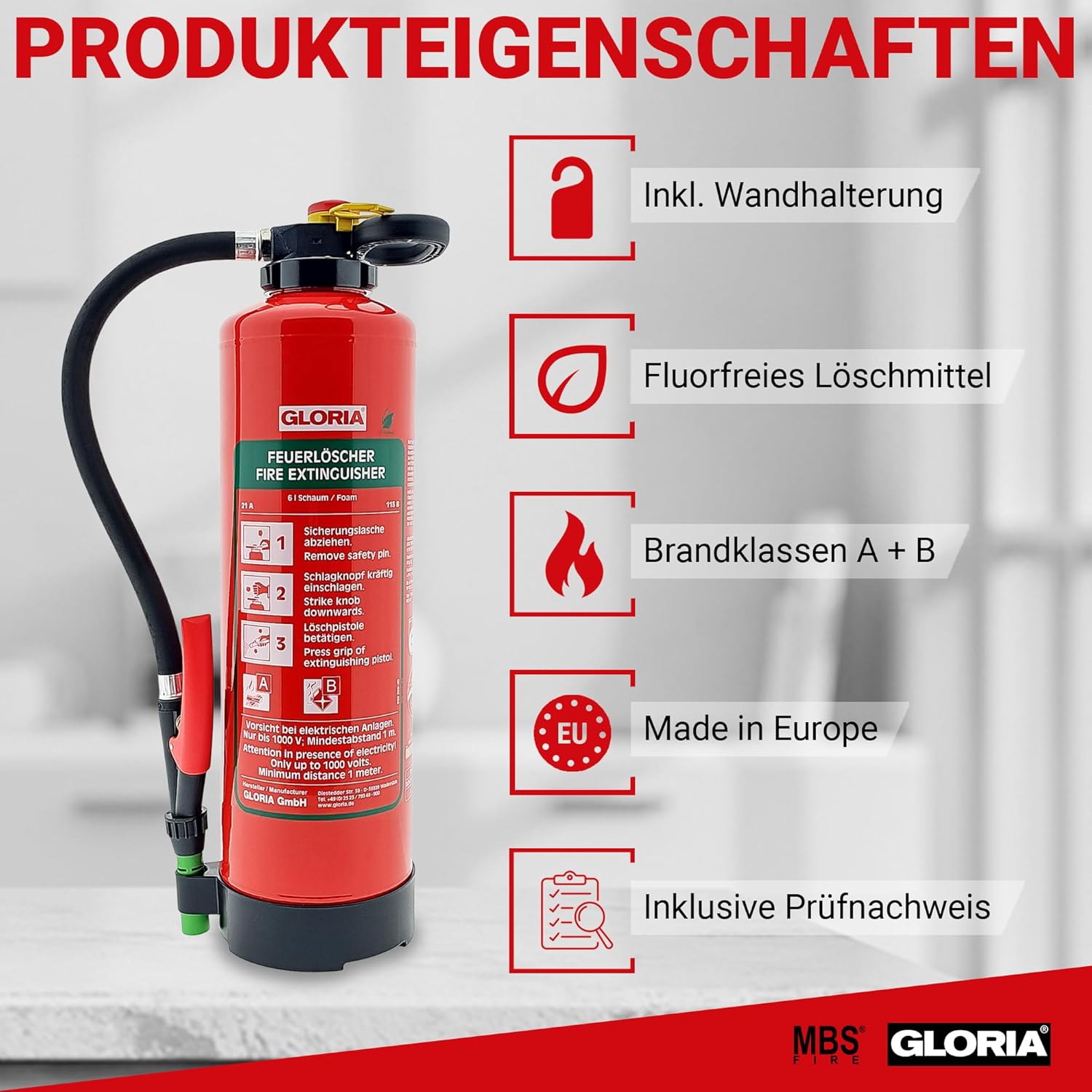 Gloria - SKE 6 PRO - Schaum-Feuerlöscher - Fluorfrei - 6 Liter - Für Brandklassen A, B - Inklusive Wandhalterung - Inklusive Prüfplakette – Bild 2