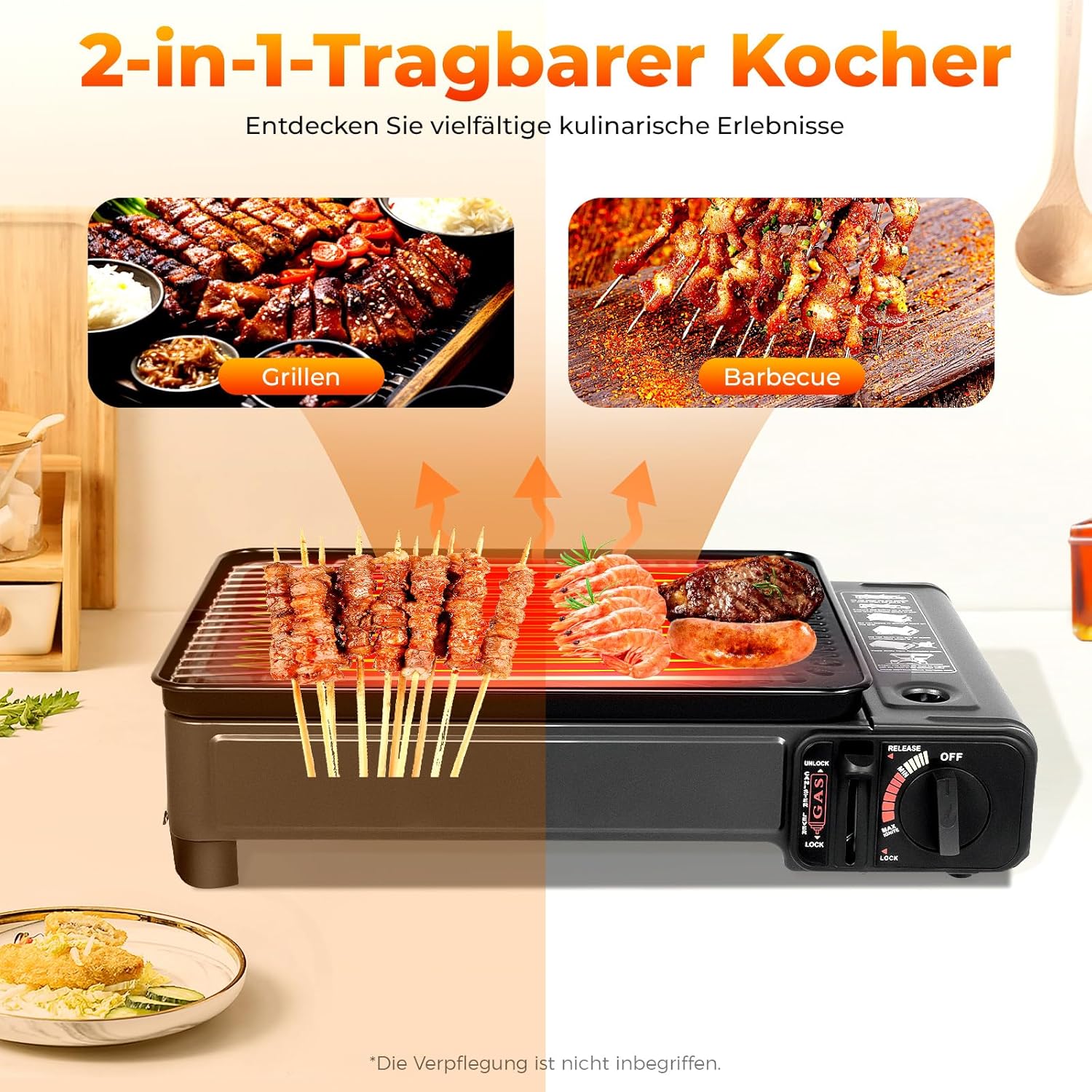 Camping-Gasgrill mit Koffer, 2-in-1-Tischgrill, Gaskocher, 2-flammig, tragbar, kleiner Gasgrill für Kartusche & Gasflasche, Outdoor-Grill, Camping-Set für Balkon, Picknick mit Zubehör – Bild 3