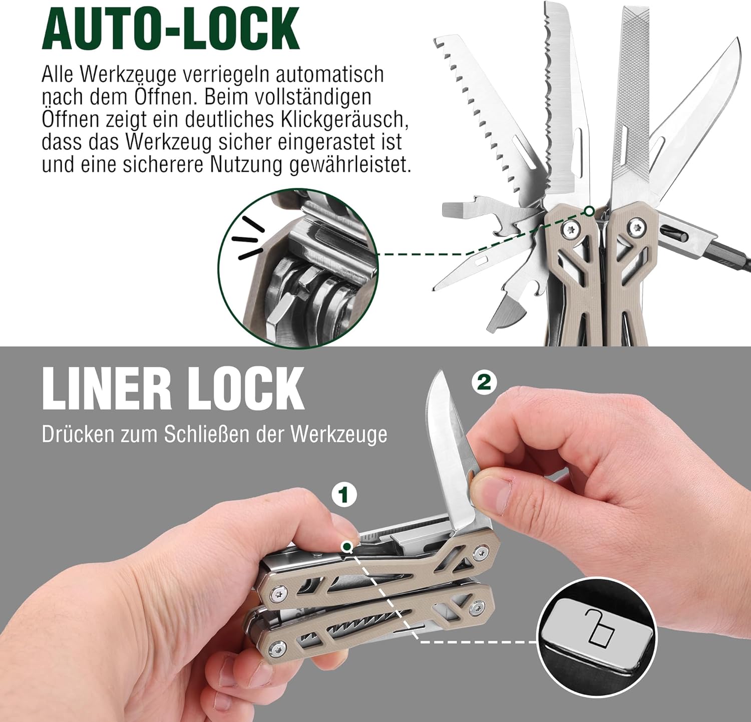 Mossy Oak 22-in-1-Multifunktionszange, Edelstahl-Multitool-Werkzeug, faltbares Multitool mit Bits, Messer, Säge und Lineal, Outdoor-Werkzeug für Camping, Wandern und Reparatur, inklusive Tragetasche, braun – Bild 7