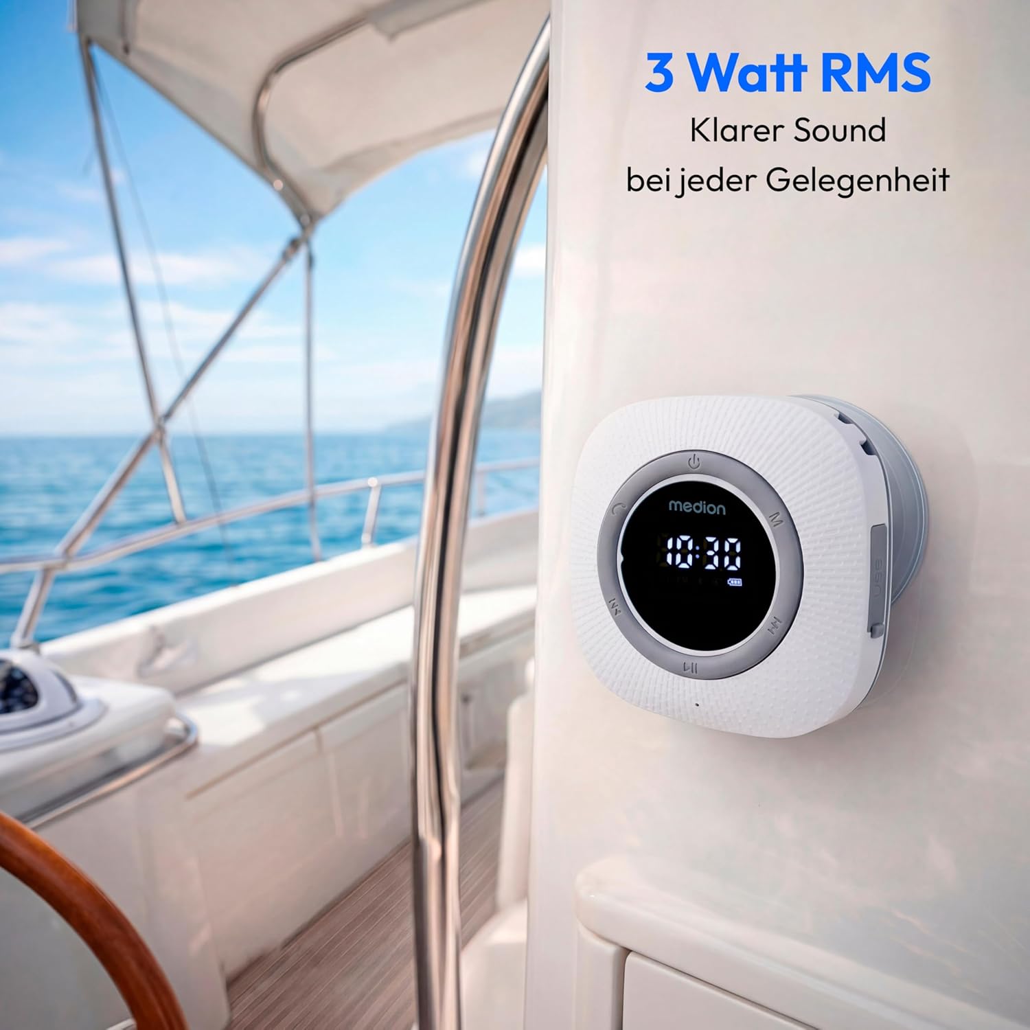 MEDION S66884 Duschradio mit Bluetooth (Badezimmerradio, UKW-Radio, Saugnapf, LED-Display, IPX6 wasserdicht, integrierter Akku, MD43884) weiß – Bild 5