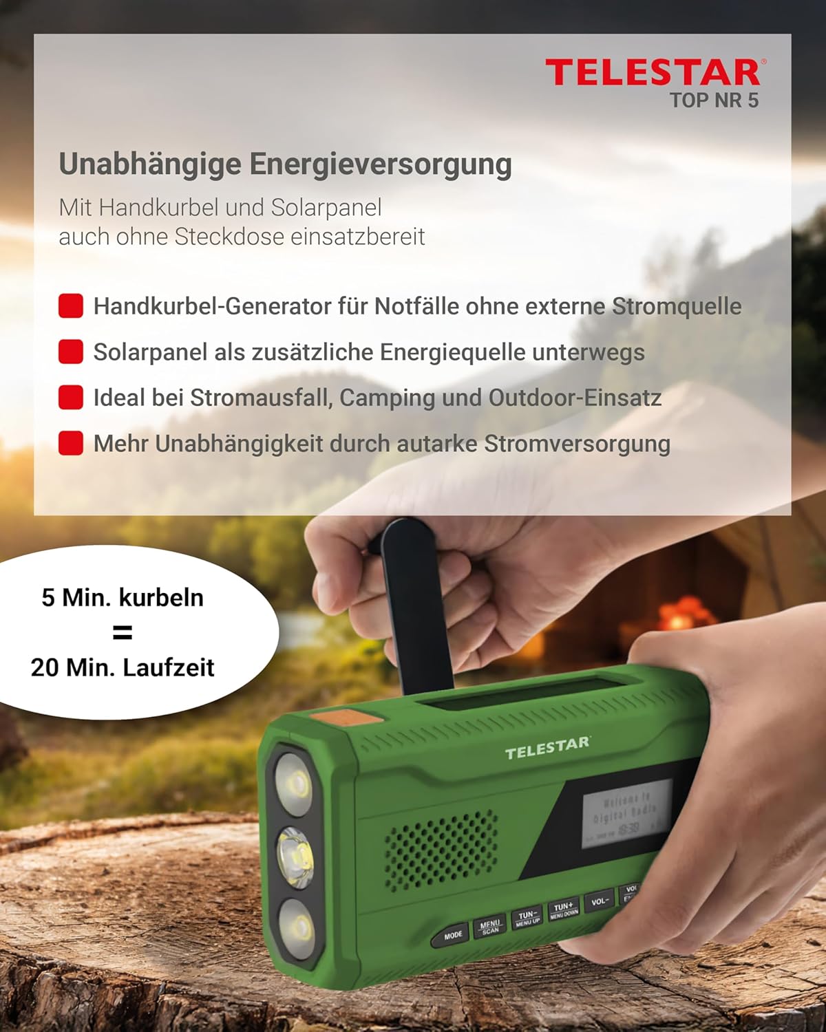 TELESTAR TOP NR 5 - Notfallradio mit 4000-mAh-Akku - Grün | Kompaktes Kurbelradio, Solarpanel, Powerbank-Funktion, Taschenlampe, SOS-Funktion – Bild 2