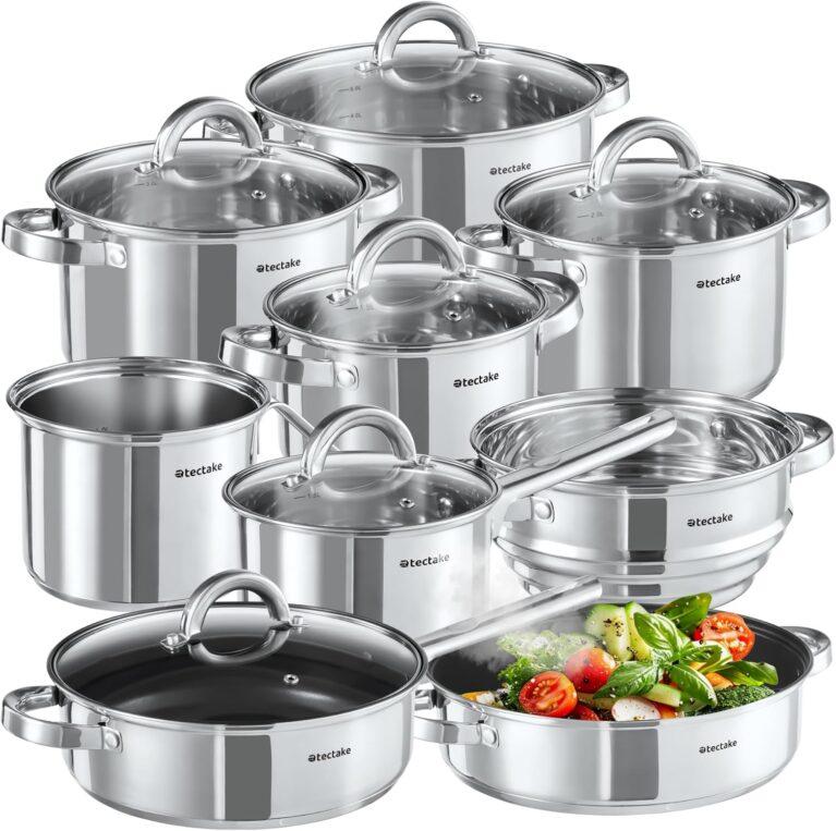 tectake 15-teiliges Kochtopfset, Edelstahl Kochgeschirr, Bratpfanne und Töpfe Set mit Deckel, Kochtopfset für Induktionsherde, Gas- und Elektroherde, Topfsets für Camping und Zuhause, Küchensets