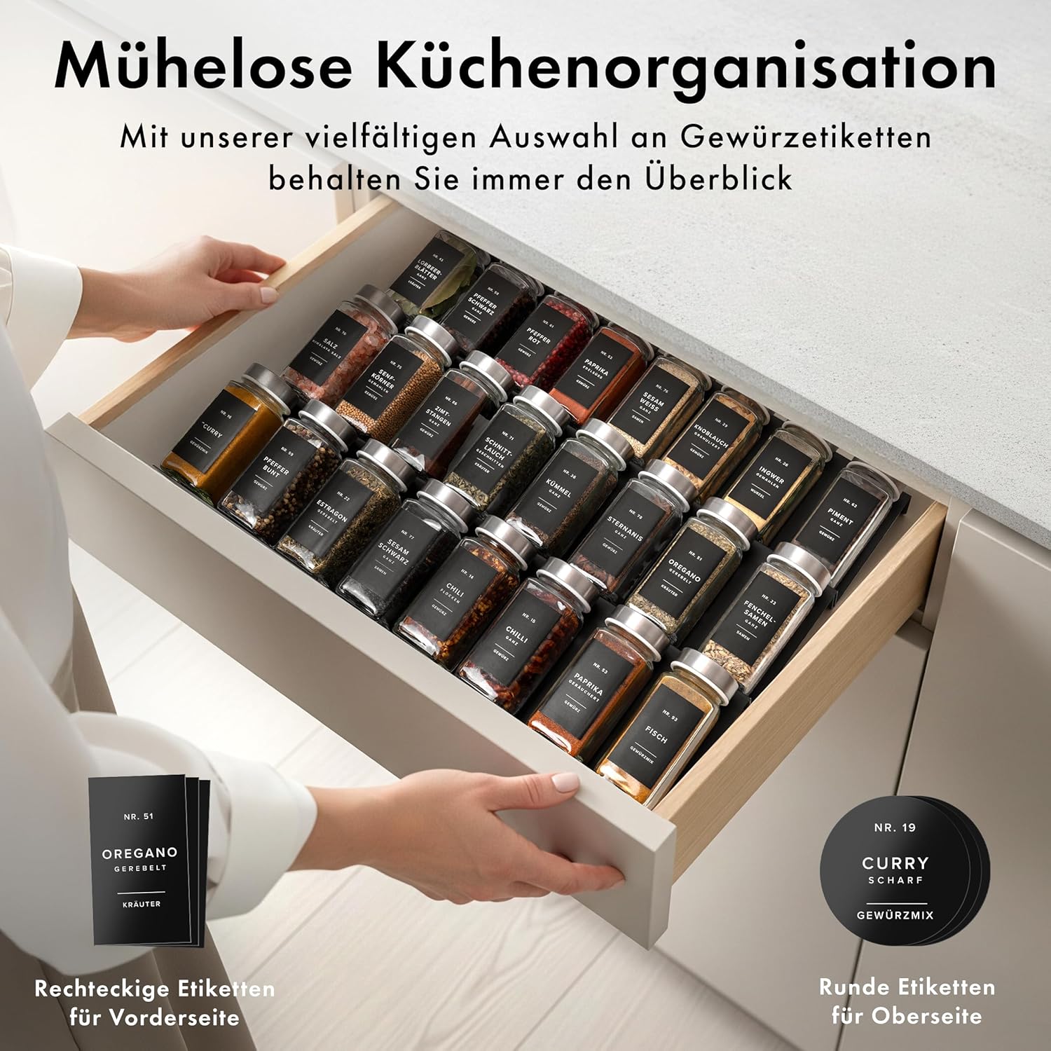 EDELHAUS Quadratisches Gewürzdosen-Set mit Edelstahldeckel (24 x 120 ml), Gewürzstreuer mit Streueinsatz und 240 Etiketten schwarz – hochwertige Gewürzbehälter, Gewürzdosen, Gewürz-Organizer (10,7 cm x 4,5 cm) – Bild 3