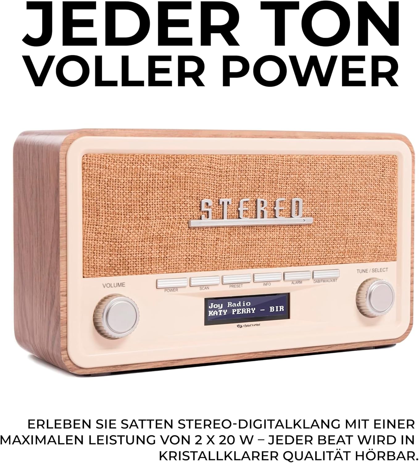 Denver Retro DAB-18 Digitalradio | DAB Plus-Radio mit Bluetooth und UKW | 2 x 20 W Stereolautsprecher | Kleines Radio mit Netzstecker | Küchenradio DAB mit gutem Klang | LCD-Anzeige und Alarmfunktion | DAB Plus & FM & Bluetooth, 2 x 20 W Stereolautsprecher, LCD-Display, Alarmfunktion, Netzstecker – Bild 6