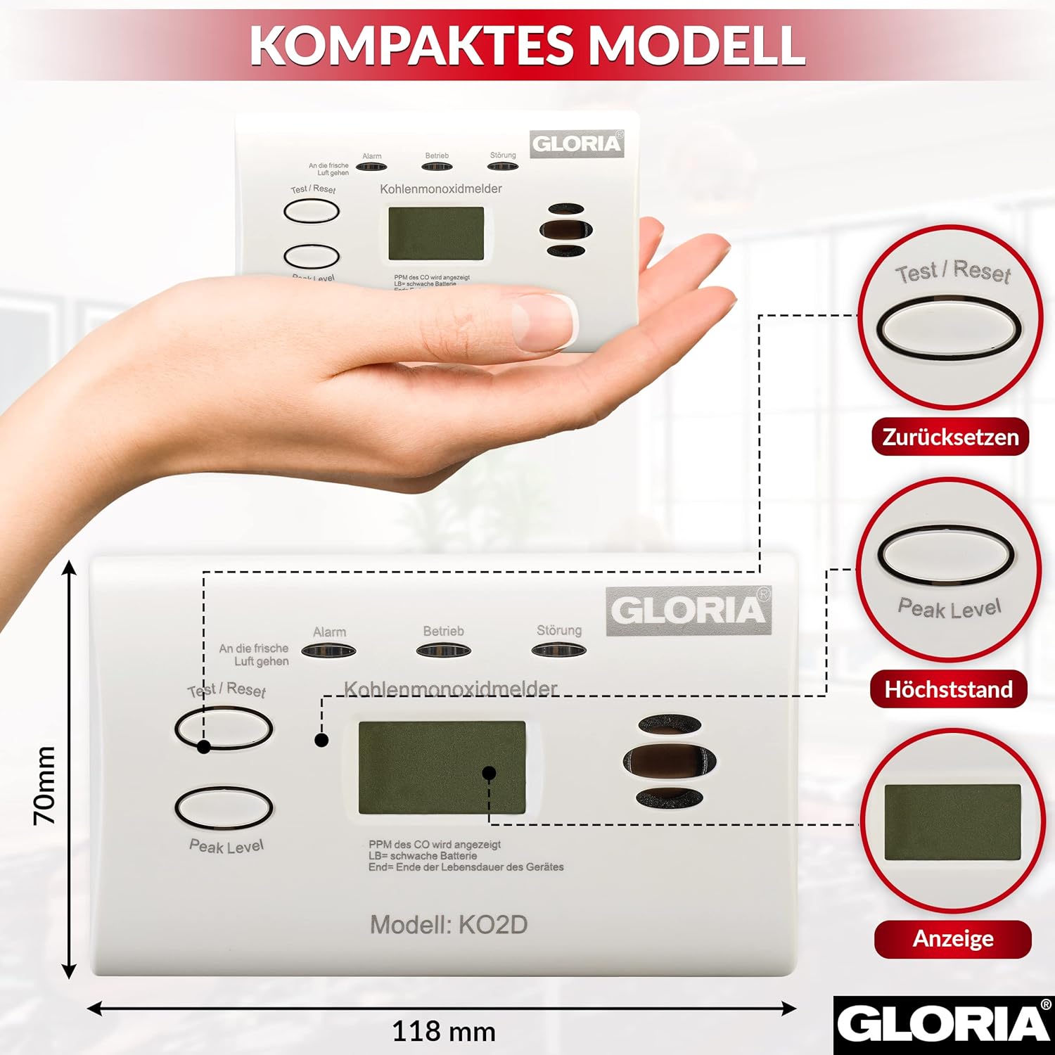 GLORIA Kohlenmonoxidmelder KO2D mit 10 Jahren Garantie und austauschbaren AA-Batterien – Bild 6