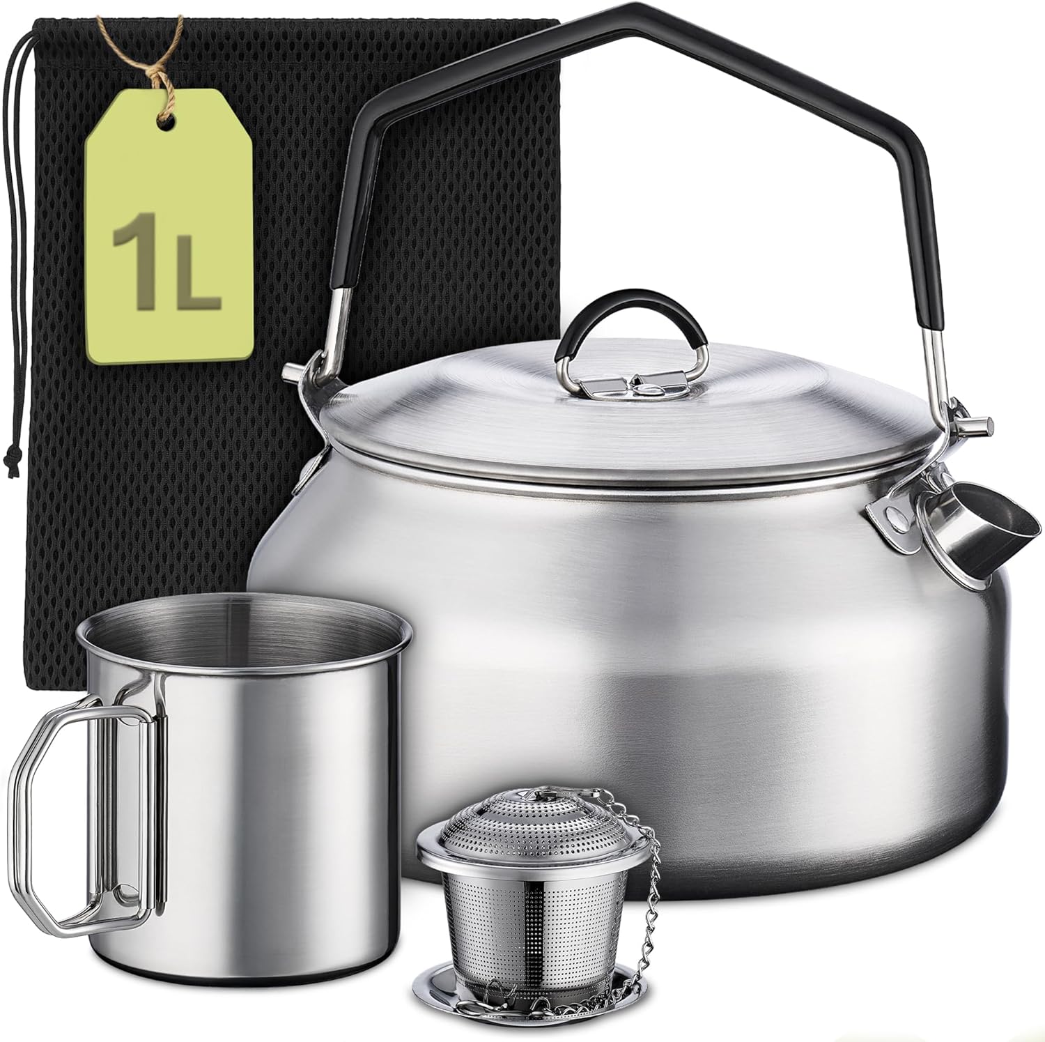 Praknu Camping-Wasserkocher-Set 1 L aus Edelstahl – ohne Strom – Wasserkocher, Tasse, Teesieb & Beutel – stapelbar – Feuer, Gasherd – hitzebeständiger Silikongriff – spülmaschinenfest