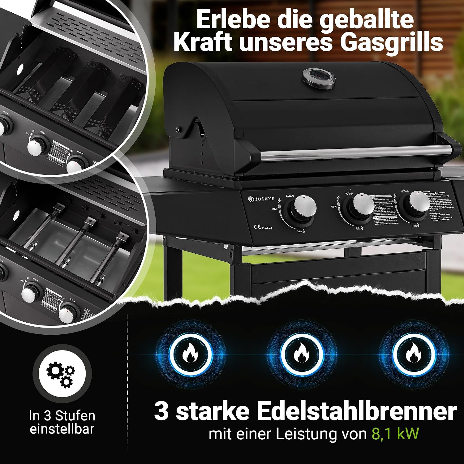 Broilcue Louisiana BBQ Gasgrill 3 Brenner 8,1 kW Gasgrillwagen inkl. Grill Grillrost, Deckel mit Grillthermometer, Warmhalterost und Seitenablagen – Bild 2