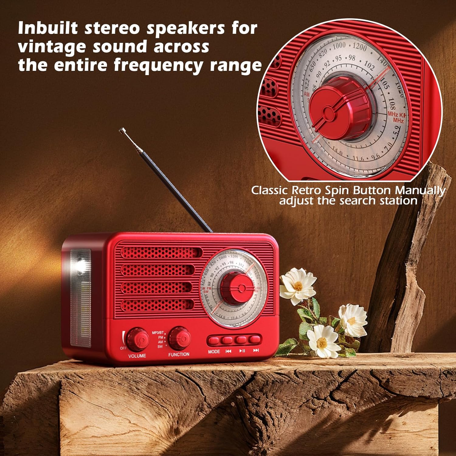 Retro-Transistorradio, batteriebetriebenes AM-FM-SW-Radio, kleiner wiederaufladbarer tragbarer MP3-Player mit Unterstützung für TF-Karte/Aux/USB (rot) – Bild 5