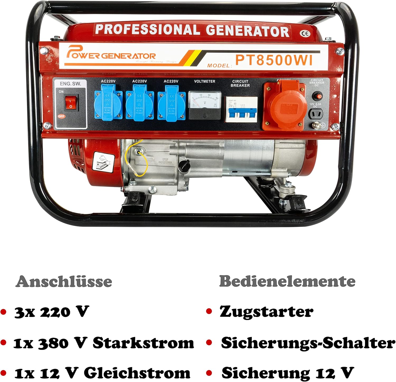 Stromgenerator mit Benzin | Stromgenerator mit Zubehör | Notstromgenerator leise | 5 Steckdosen 3 x 230 V / 1 x 400 V / 1 x 12 V | 6,5 PS (Stromgenerator mit Seilzugstarter) – Bild 3