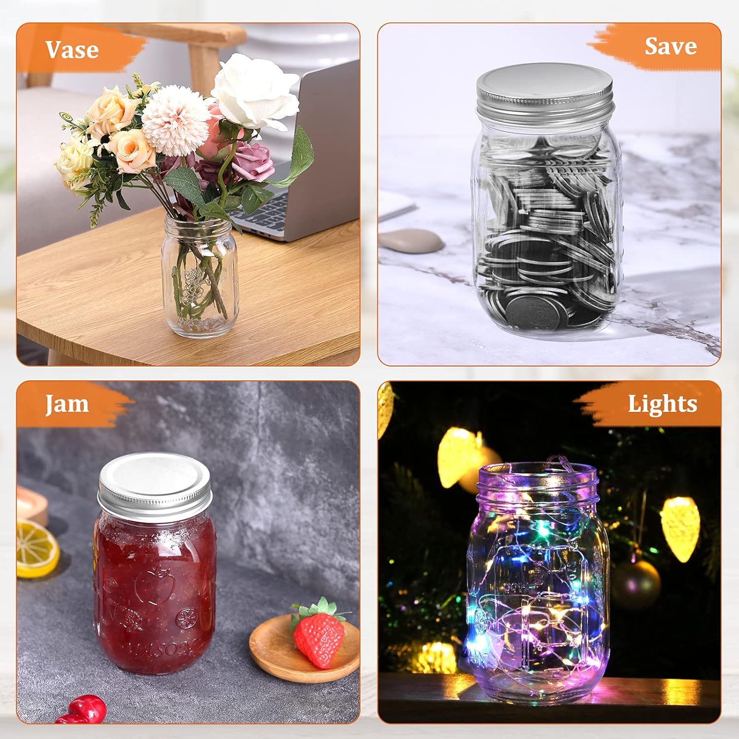 Einmachgläser mit Deckel, 6 Stück, Einmachgläser 450 ml/16 oz, aus klarem Glas, Abfüllgläser mit Schraubdeckel, perfekt für selbstgemachte Marmelade, Gelee, Reis, Zucker oder Nudeln, mit Ersatzdeckel – Bild 6