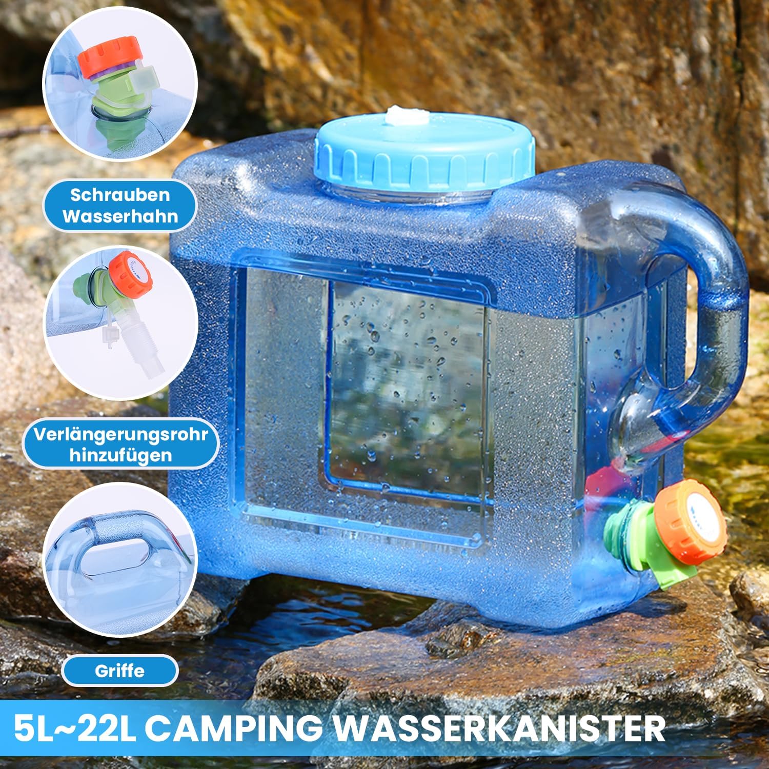 Umikk 5L~22L Camping-Wasserkanister, Wasserbehälter mit Wasserhahn, tragbarer Trinkwasserkanister, Wassertank Camping mit Griffen, Wasserkanister BPA-frei, für Outdoor-Reisen, Zuhause, Trinkaufbewahrung – Bild 5