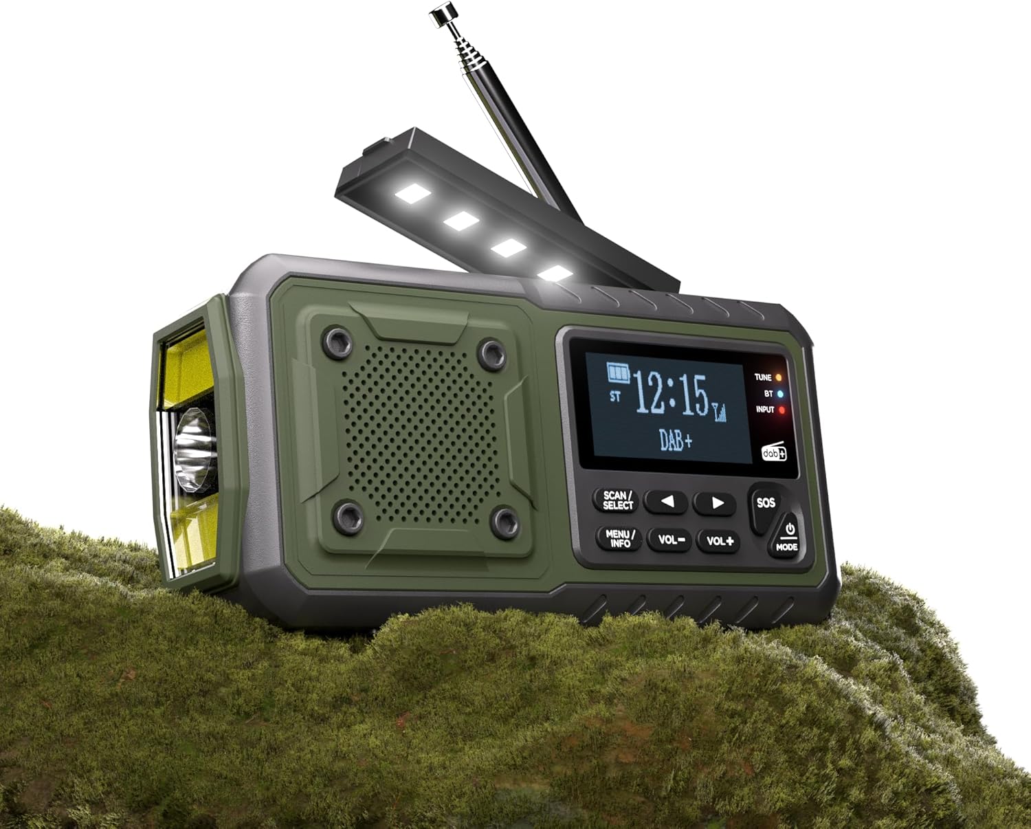 Acta Berg Kurbelradio DAB+/FM, Notfallradio, 5000 mAh Akku (Armeegrün) | Mit USB, Batteriebetrieb möglich, Notfallausrüstung für Stromausfall, integrierte Taschenlampe, Ladegerät für Mobiltelefon, Wecker