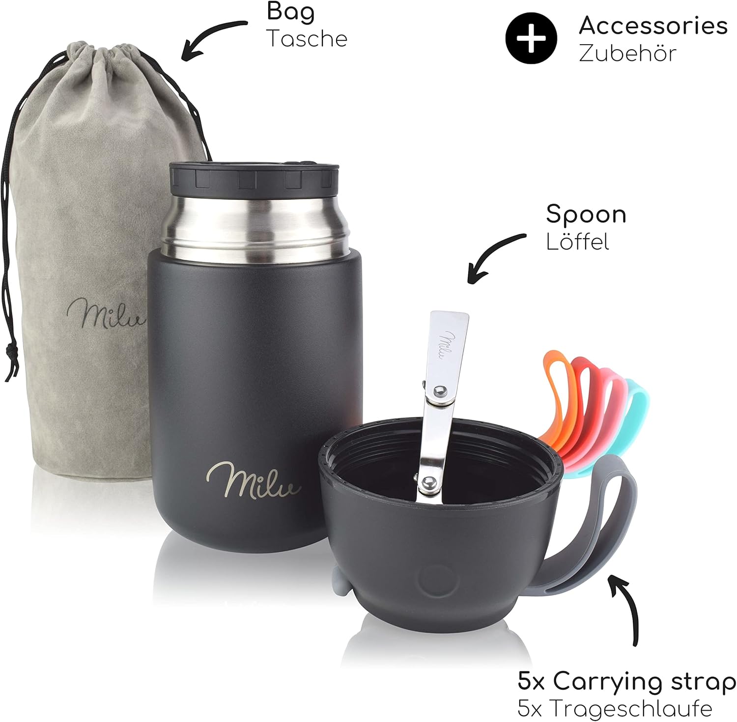 Milu® Thermo-Speisebehälter, 450/650/800 ml, Edelstahl, Wärmekonservierung, für Babynahrung, Müsli to go, Thermo-Lunchbox, Schwarz (650 ml) – Bild 5