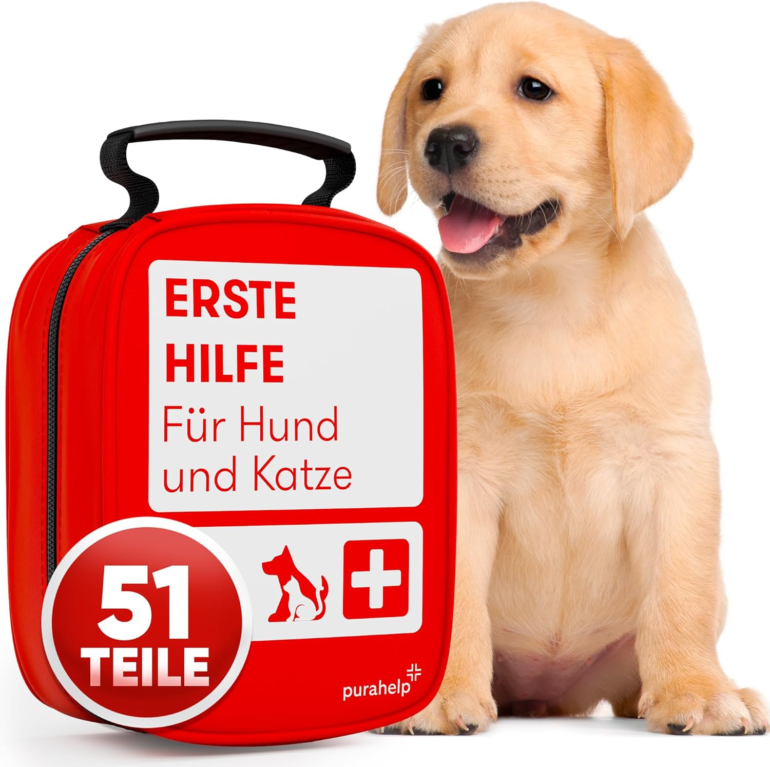 PURAHELP Erste-Hilfe-Set für Hunde und Katzen (51-teilig) – Erste-Hilfe-Erste-Hilfe-Tasche mit Zeckenpinzette, Pinzette & mehr – Notfallset für Hunde & Katzen – Hundeapotheken-Set – Erste-Hilfe-Notfallset Hund
